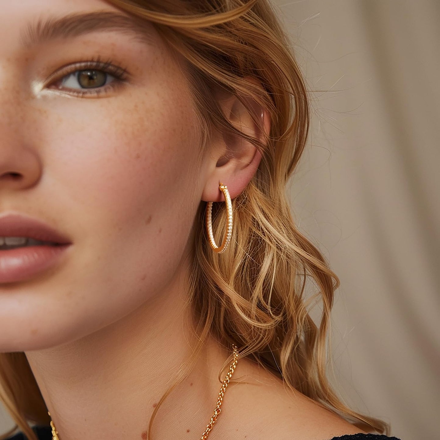 Aidomiya Gold Hoop Earrings 14K Gold Hoop Earrings for Women with Dual-sided Cubic Zirconia Hoops Earring for Women Sensitive Ears Hypoallergenic Womens earring 35MM