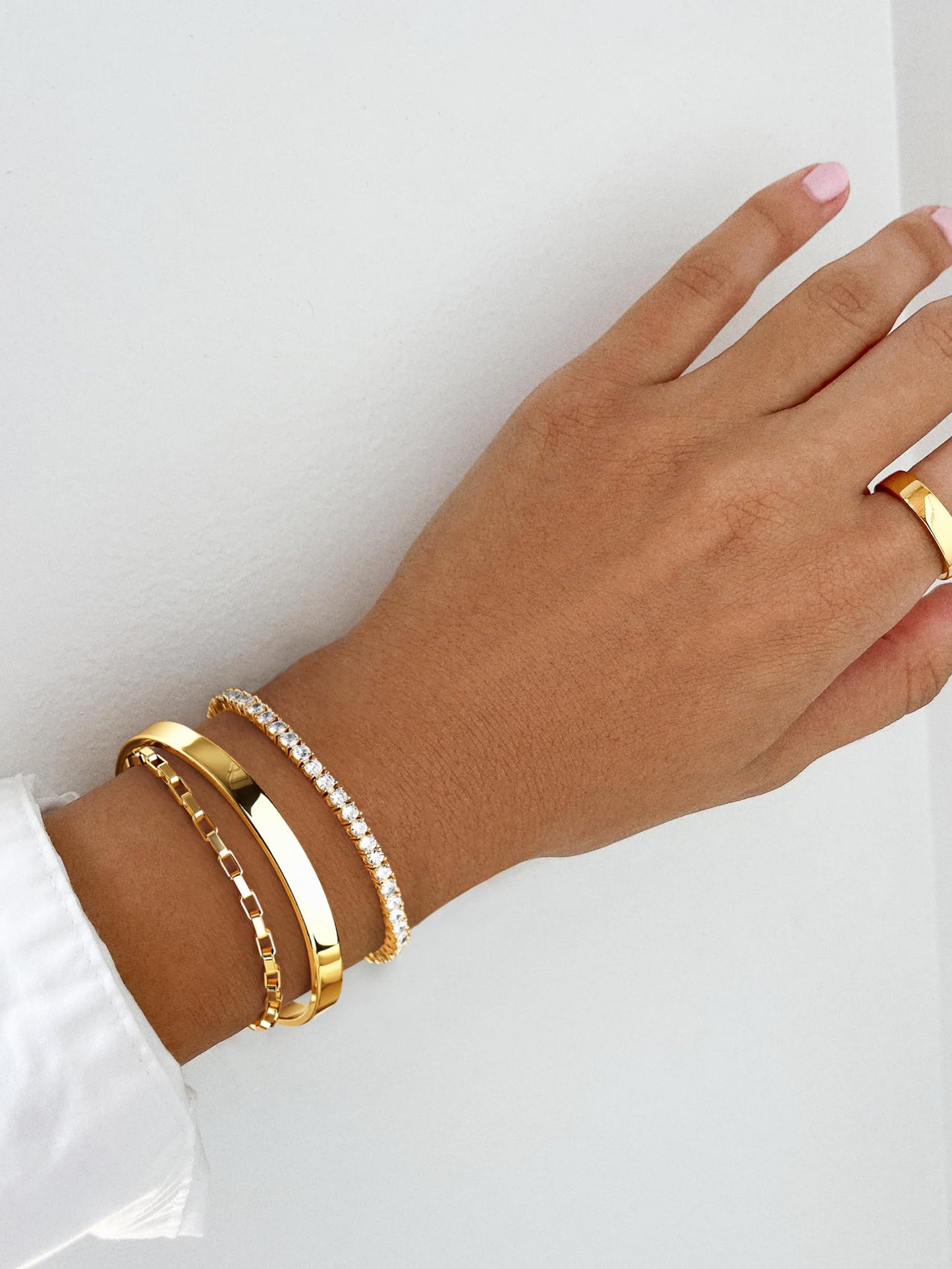 5PCS Gold Bracelet for Women Trendy, 14K Gold Plated Tennis Chain & Cuff Bracelets Set Dainty Cute Gold Stackable Bracelets Non Tarnish Gold Jewelry Set Gift