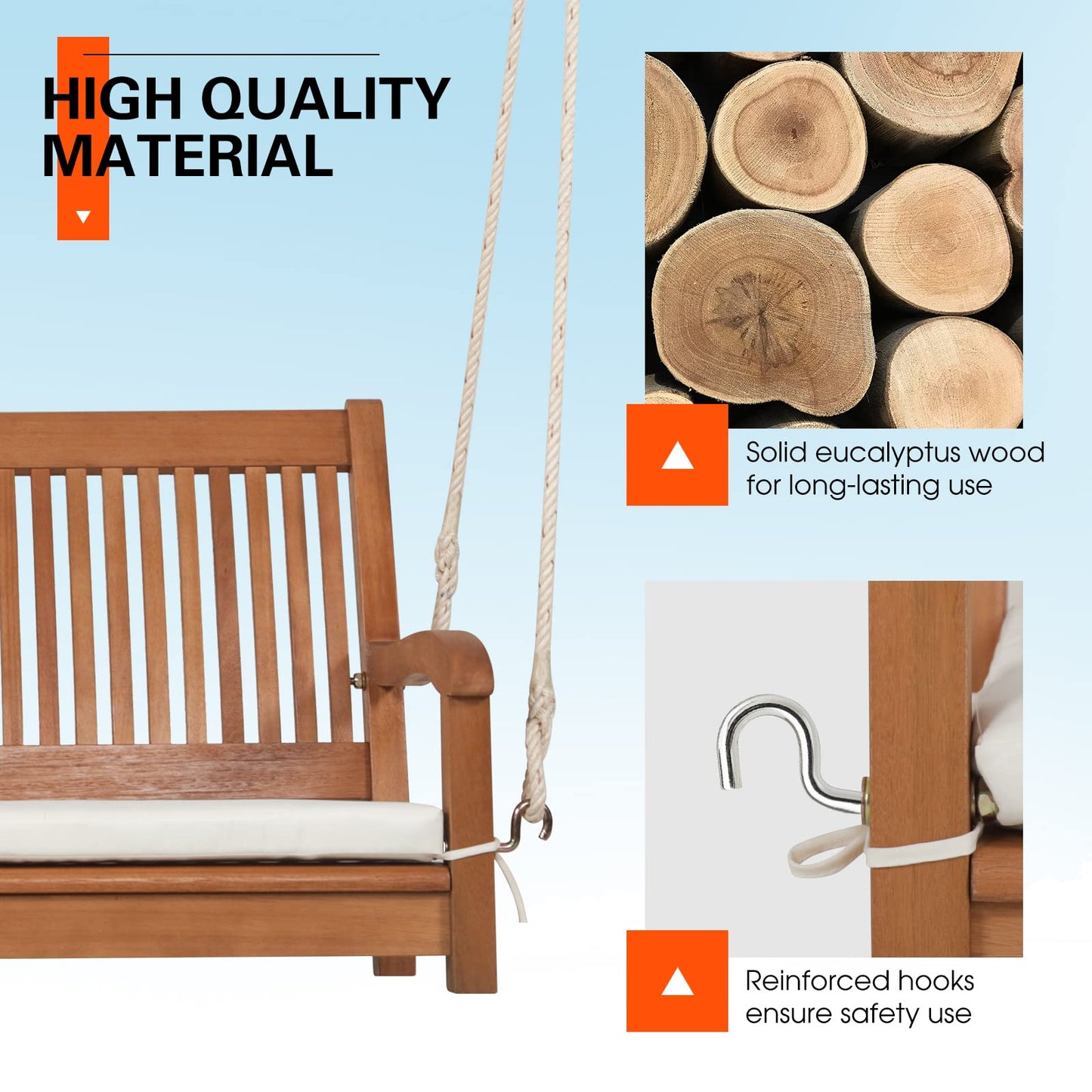Tangkula 2 Person Hanging Porch Swing, Outdoor Bench Swing with Hanging Ropes, High Back, Cozy Armrests, Heavy Duty 800Lbs Wooden Hanging Swing Chair with Cushion for Backyard, Deck, Garden Natural