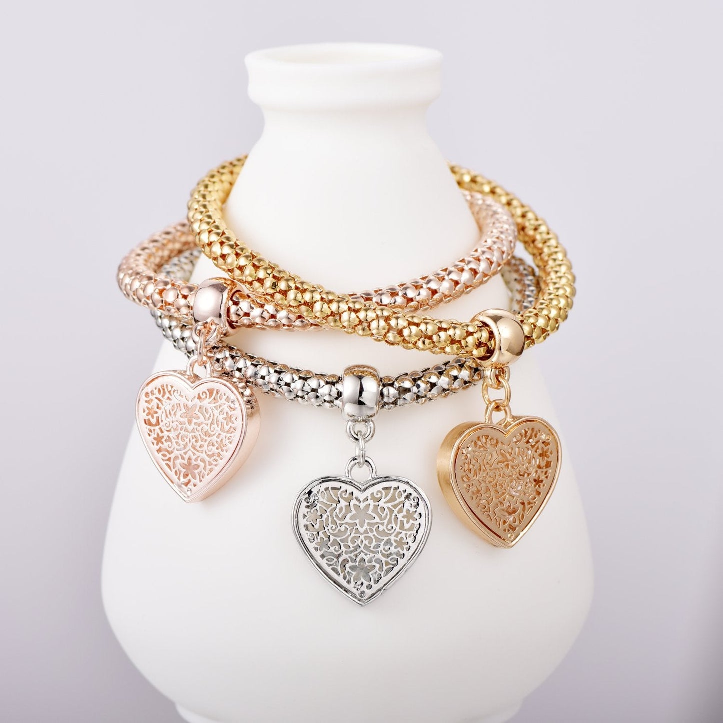 SILANER Crystal Charms Multilayer Bracelets - 3PCS Gold/Silver/Rose Gold Corn Chain Bracelet for Women, Tree of Life Heart Shaped Stretch Bracelet (Heart Charm Bracelets)