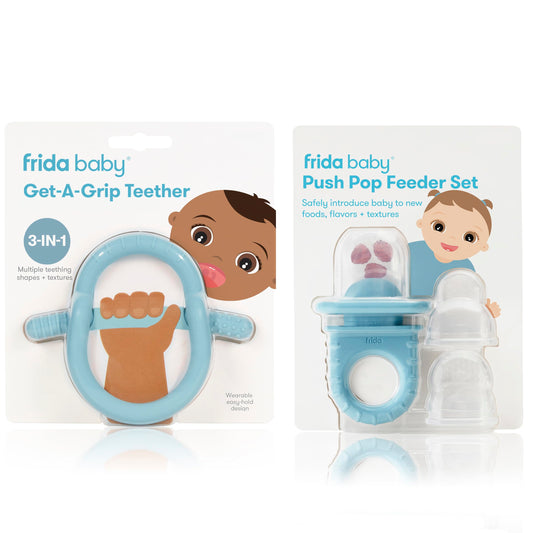 Frida Baby Push Pop Feeder, Baby Fruit Feeder + Get-A-Grip Teether Teething Toy | 100% Food-Grade Silicone Food Pacifier & Teether Toy for Baby 0-6, 12, 18 Months Infant, (Blue)