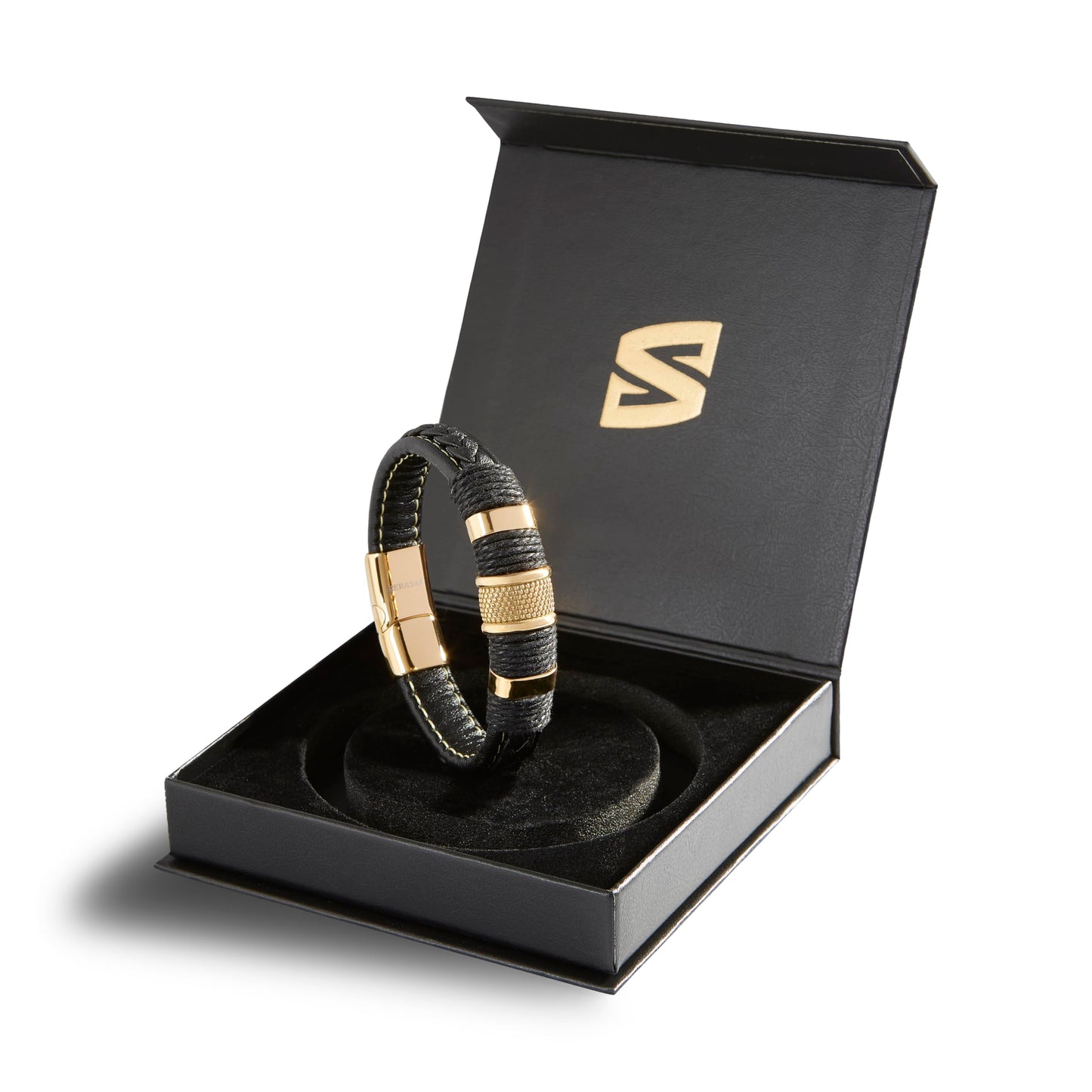 SERASAR Pulsera de oro para hombre 17cm con caja regalo hombre, trenzas piel vaca, cierre magnetico ajustable, joyero multicapa, joyeria cuerda magnetica masculina