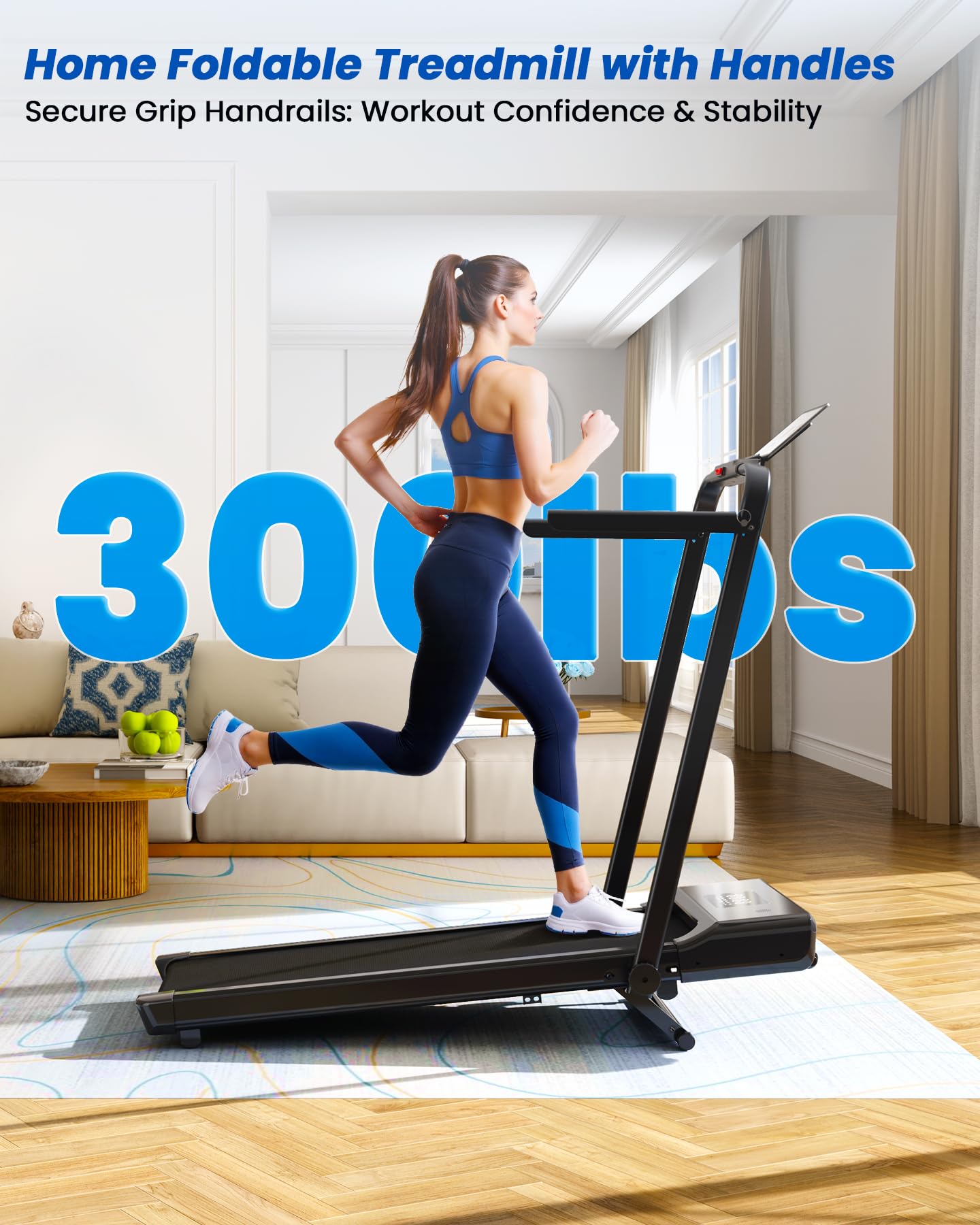 DeerRun Foldable Walking Pad Treadmill for Home & Office, Under Desk Walking Pad Treadmill with 9% Manual Incline and Handlebar, 0.6–7.5 MPH, 300 lb Capacity, App & Remote Control