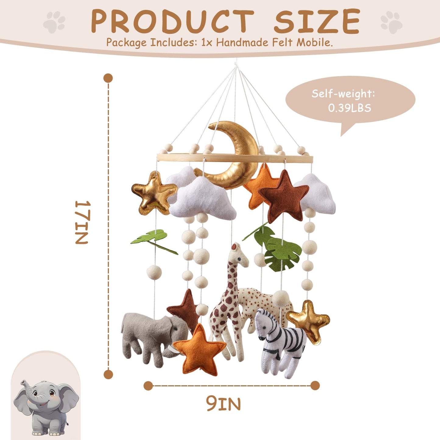 Wonderoo by Wowo Baby Mobile for Crib – Handmade Hanging Felt Nursery Mobile – Fits Most Crib Arms – Gender-Neutral Safari Animals Nursery Decor & Baby Gift