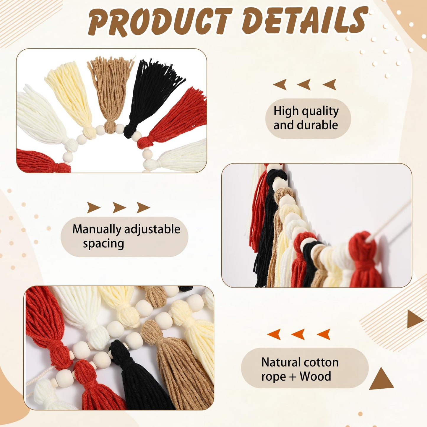 Suncalla 2 Pcs Tassel Garland with Wood Beads, 6.89 ft Handmade Cotton Yarn Wall Hanging Banner Boho Tassel Wall Party Decor for Nursery Baby Shower Classroom Birthday Home Decoration(Retro)