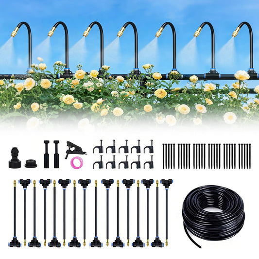 360° Adjustable Drip Irrigation System-50FT Garden Watering System with 16 Brass Nozzles,Irrigation System for Garden/Yard/Lawn,Greenhouse Accessories, 5/16" Tubing Garden Irrigation System