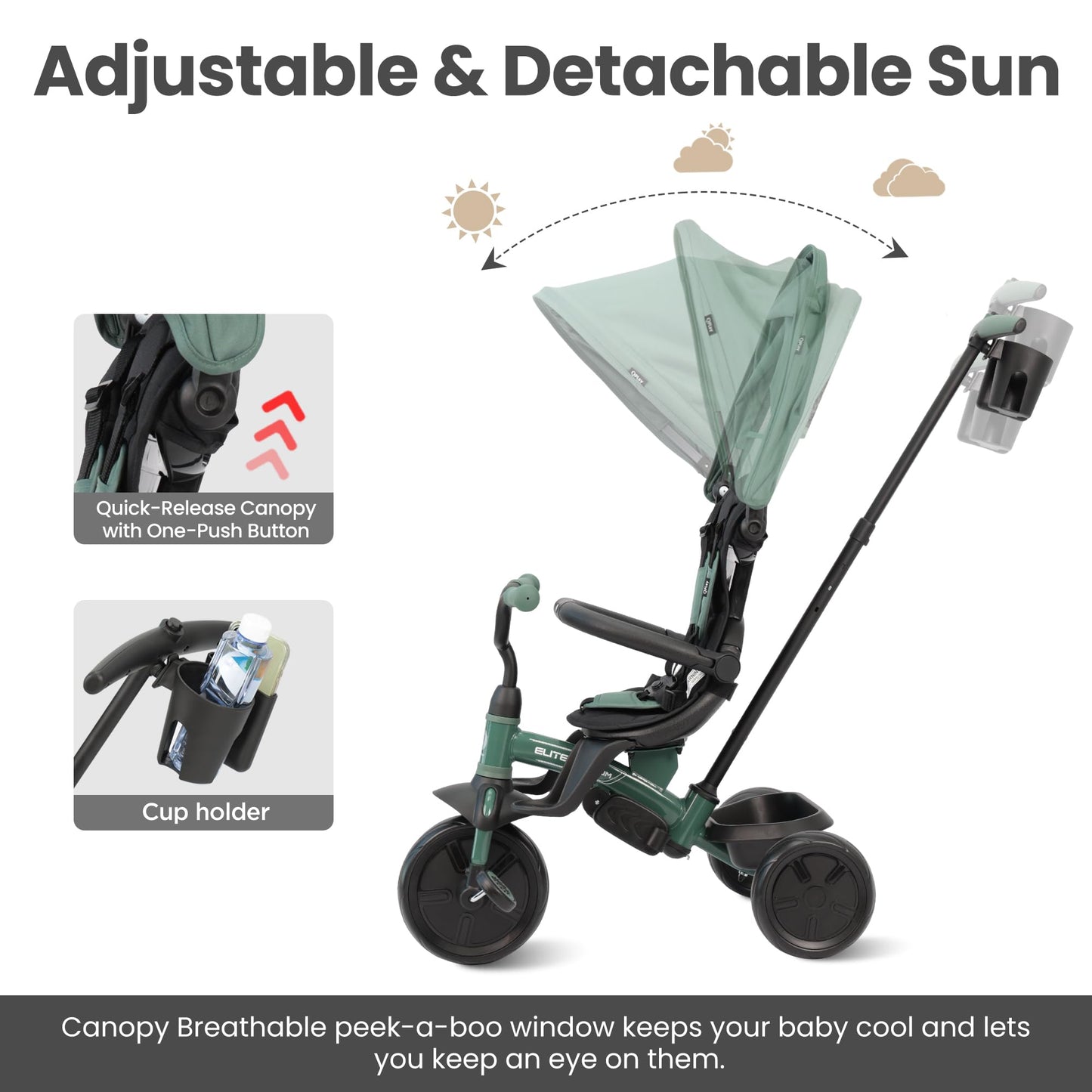 QPlay Baby Tricycle Ages 10 Months - 6 Years,6 in 1 Toddler Tricycle Stroller with Adjustable Parent Handle,Safety Harness & Wheel Brakes,Removable Canopy, Trike Bike Gifts for Boys & Girls (Green)