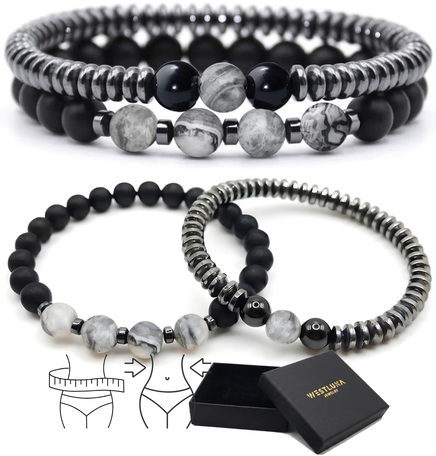 WestLuna Magnetic Bracelets for Women, Magnetic Hematite Bracelet with Black Obsidian, Map Stone. Healing Stone Bracelets for Women Men Lymph Drainage Slimming Energy Bracelet Set (Map Stone, Small)