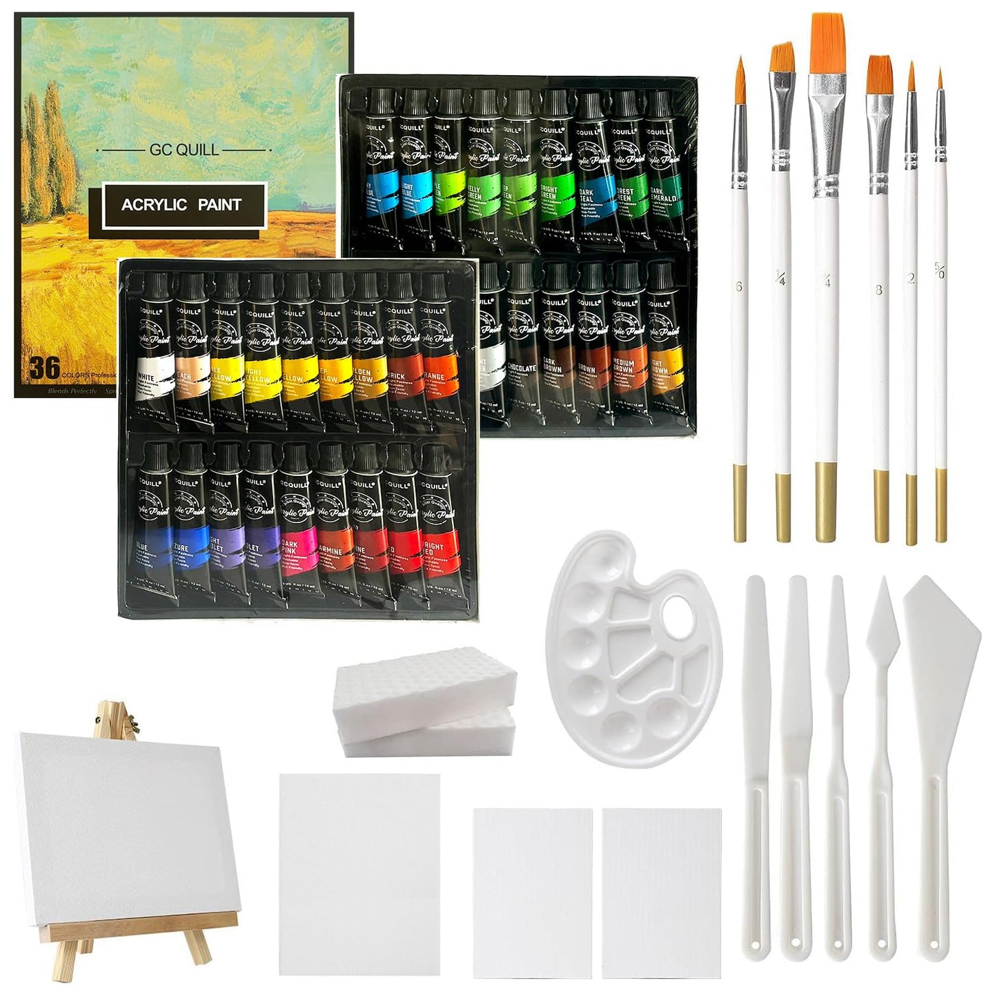 GC QUILL 54pcs Art Acrylic Paint Set - Painting Supplies with 36 * 12ml Tubes, Paint Brushes, Palette Knives, Canvas, Easel, Sponge, Palette for Artist Painting on Wood, Ceramics, Fabric, Crafts