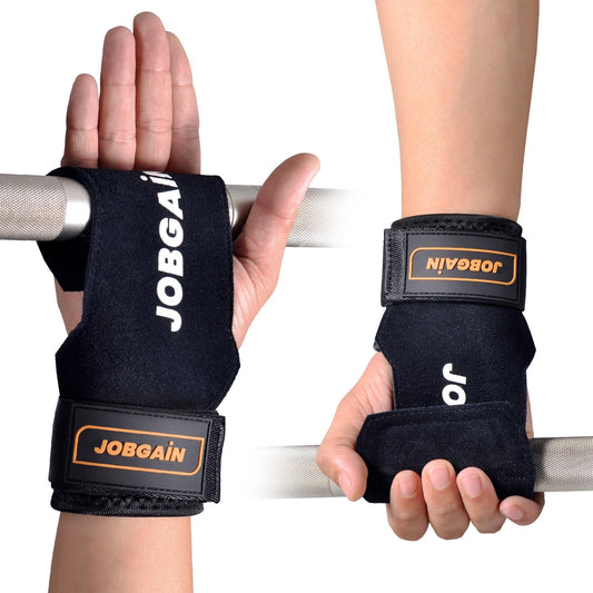 JOBGAIN Weight Lifting Wrist Straps, Double Layer Leather Wrist Strap for Deadlift and Powerlifting, Adjustable Neoprene Padded Wrist Wraps, for Men & Women, 1 Pair, Black