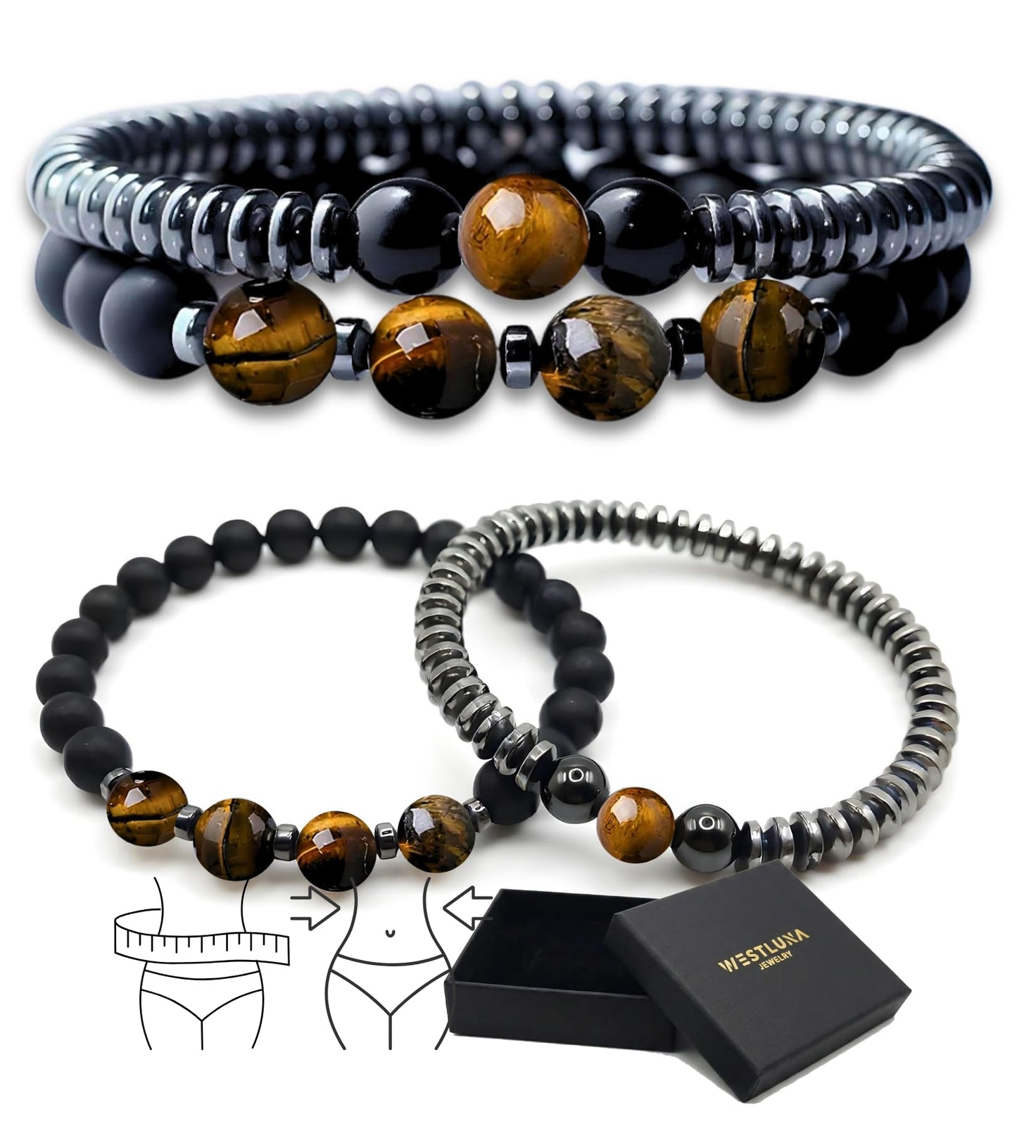 WestLuna Magnetic Healing Bracelet Set – Adjustable Magnetic Hematite Bracelets for Women Men, Slimming Crystal Chakra Energy Stone Beaded Bracelet Gift(Tiger Eye, Small)