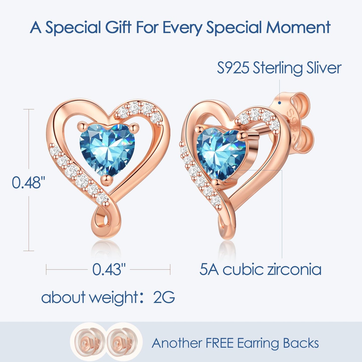 Zifeel Earrings for Women, Rose Gold Birthstone Heart Studs Earring for Girlfriend Wife, Anniversary Birthday Christmas Valentines Mothers Day Gifts Jewelry for Women Wife Her Mom