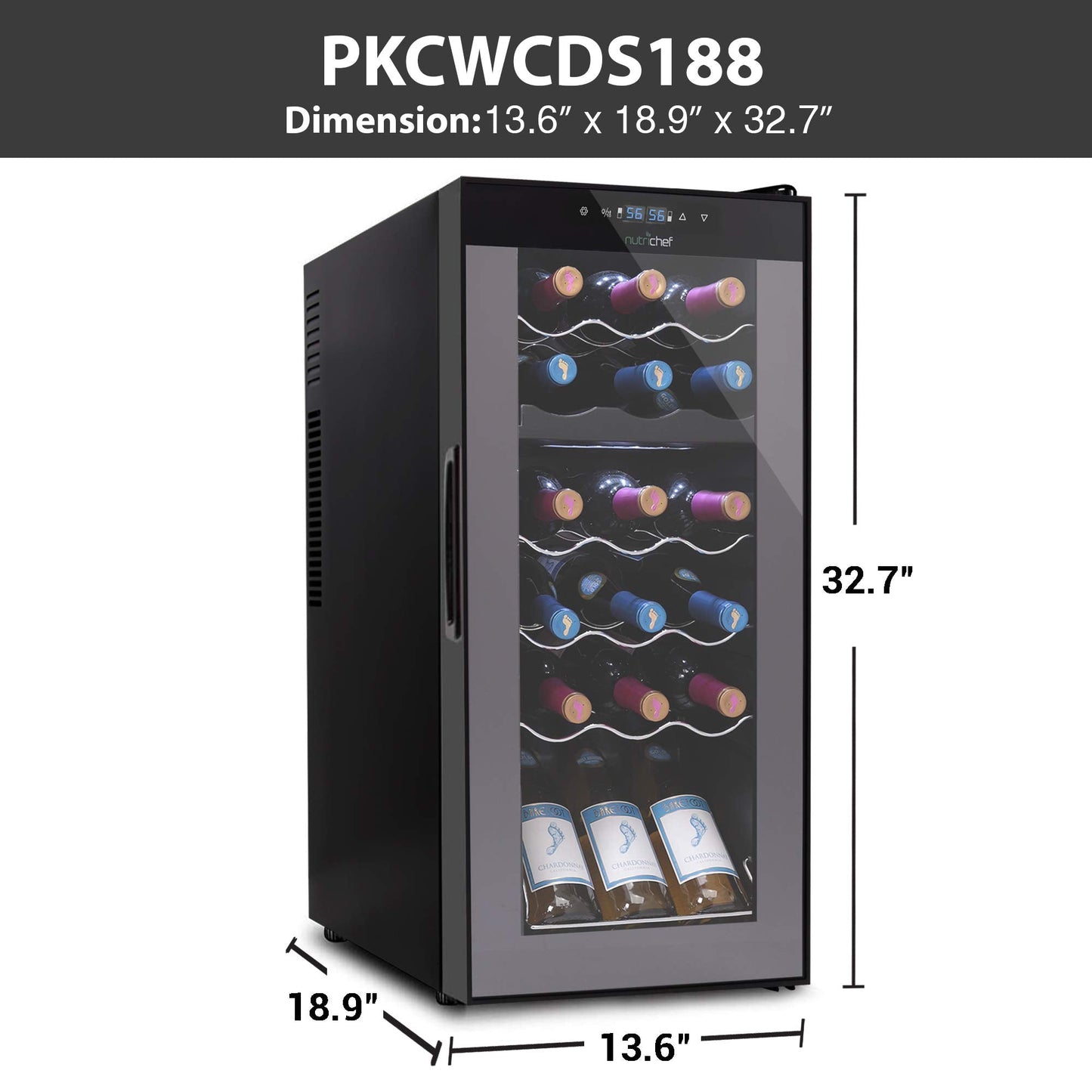 NutriChef 18 Bottle Wine Fridge | Dual Zone Wine Chiller | Adjustable Temperature 41°F to 64°F | Ultra Quiet Operation | Wine Cooler For Home & Office | Free Standing 32x13x19 IN | Black