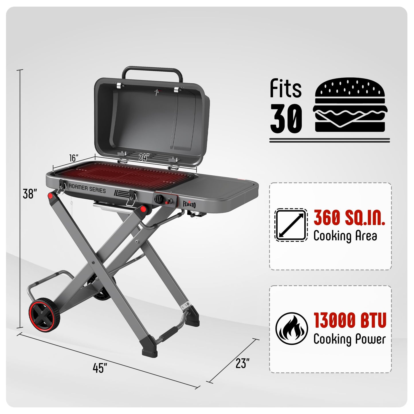 FEASTO Portable Propane Gas Grill with Folding Cart & 13000 BTUs Burner, 360 Sq. In. Cast Iron Cooking Grates, Side Table, 8" Wheels, Stainless Grease Tray for Outdoor BBQ, Camping & Tailgating, Grey