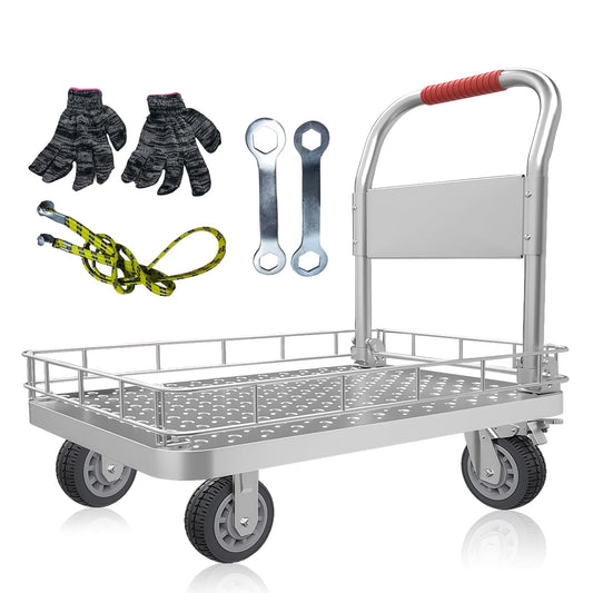 Heavy Duty Platform Truck with 6-Inch Brake Silent Wheels, Foldable Push Cart with Detachable Steel Wire Fence, Flat Hand Trucks for Gardens, Warehouses, Workshops (35.4 * 23.6 * 33.9in)