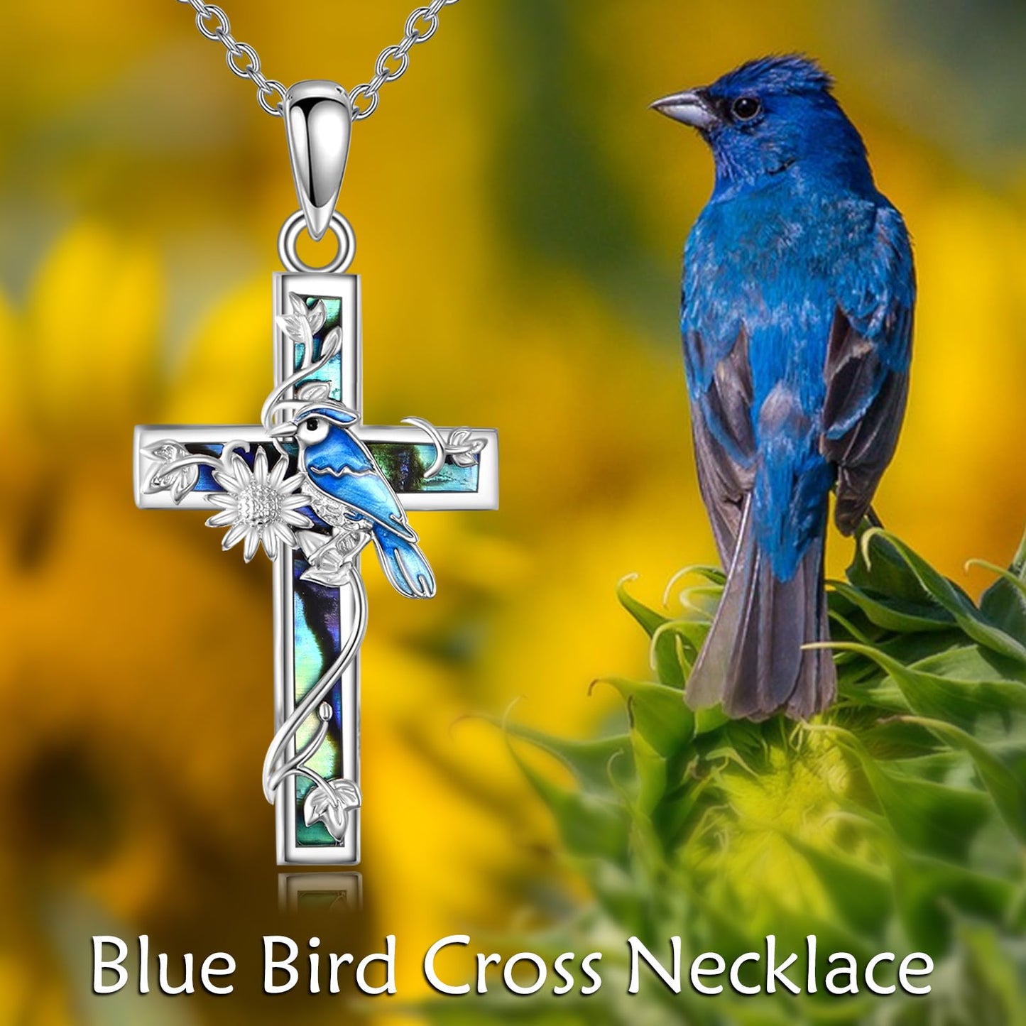 YFN Sunflower Cross Necklace Sterling Silver Blue Jay Cross Pendant Abalone Shell Jewelry Religious Christian Baptism Gifts for Her Women