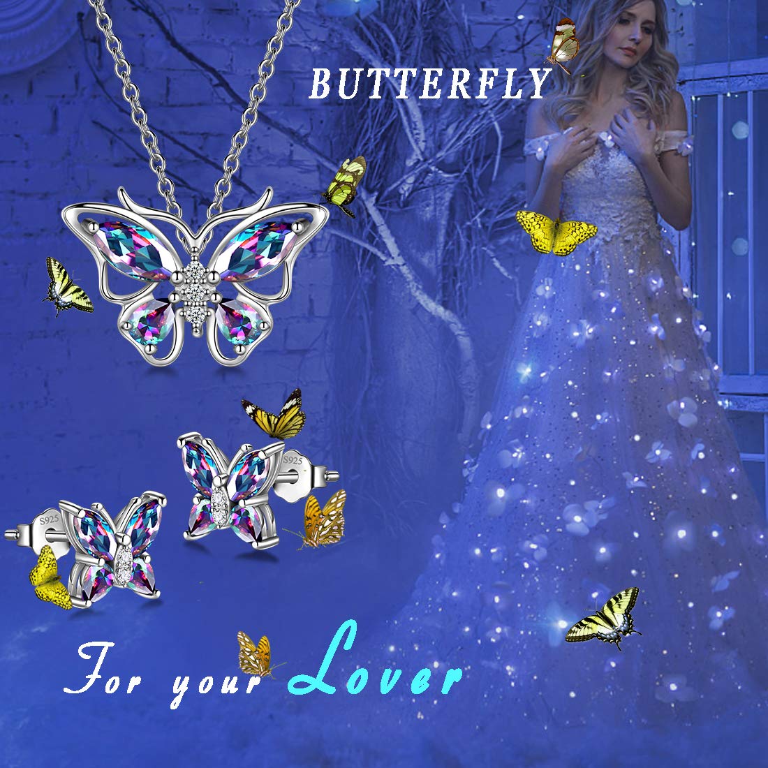 Hipunk Butterfly Mystic-Rainbow-Topaz Jewelry Sets Birthstone Women 925 Sterling Silver Fire-Topaz Birth Stone Animal Butterflies Jewelry Sets/Earring Set Crystal Birthday Jewelry SS0001C