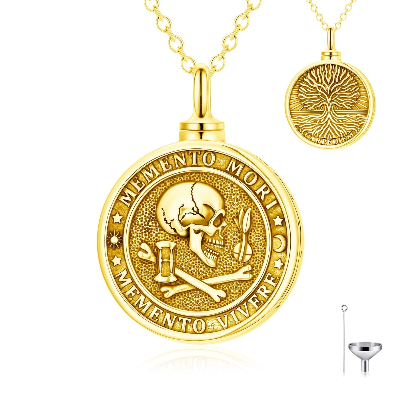 POIUY Memento Mori Gold Urn Necklace for Ashes Gothic Skull Cremation Pendant Tree of Life Memorial Keepsake Jewelry Stoicism Mori Gift for Men Women 22+2 Inch Chain