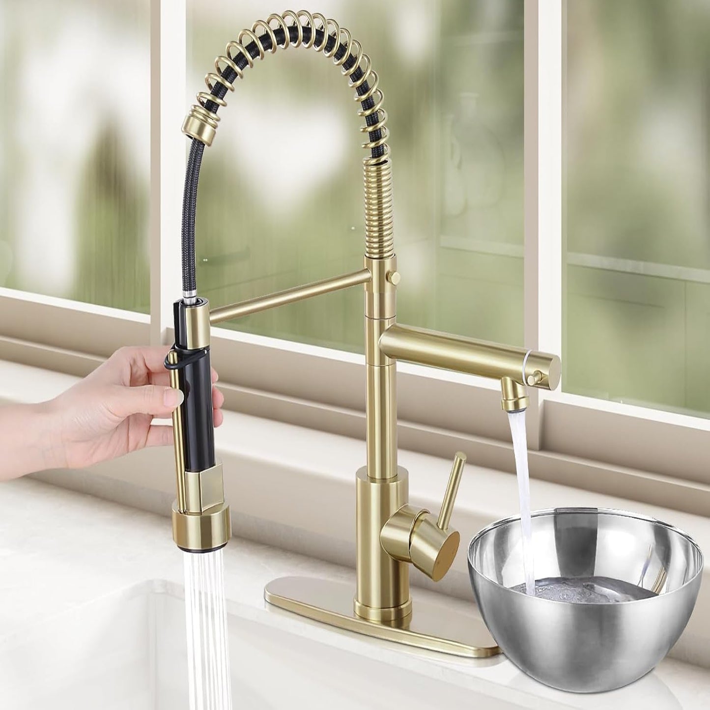 VIDEC Smart Kitchen Faucet, 3 Modes Pull Down Sprayer, LED Temperature Control, Ceramic Valve,360-Degree Rotation,1 or 3 Hole Deck Plate, Double Spout. 10-Year Warranty.(Brushed Gold, KW-21CG)