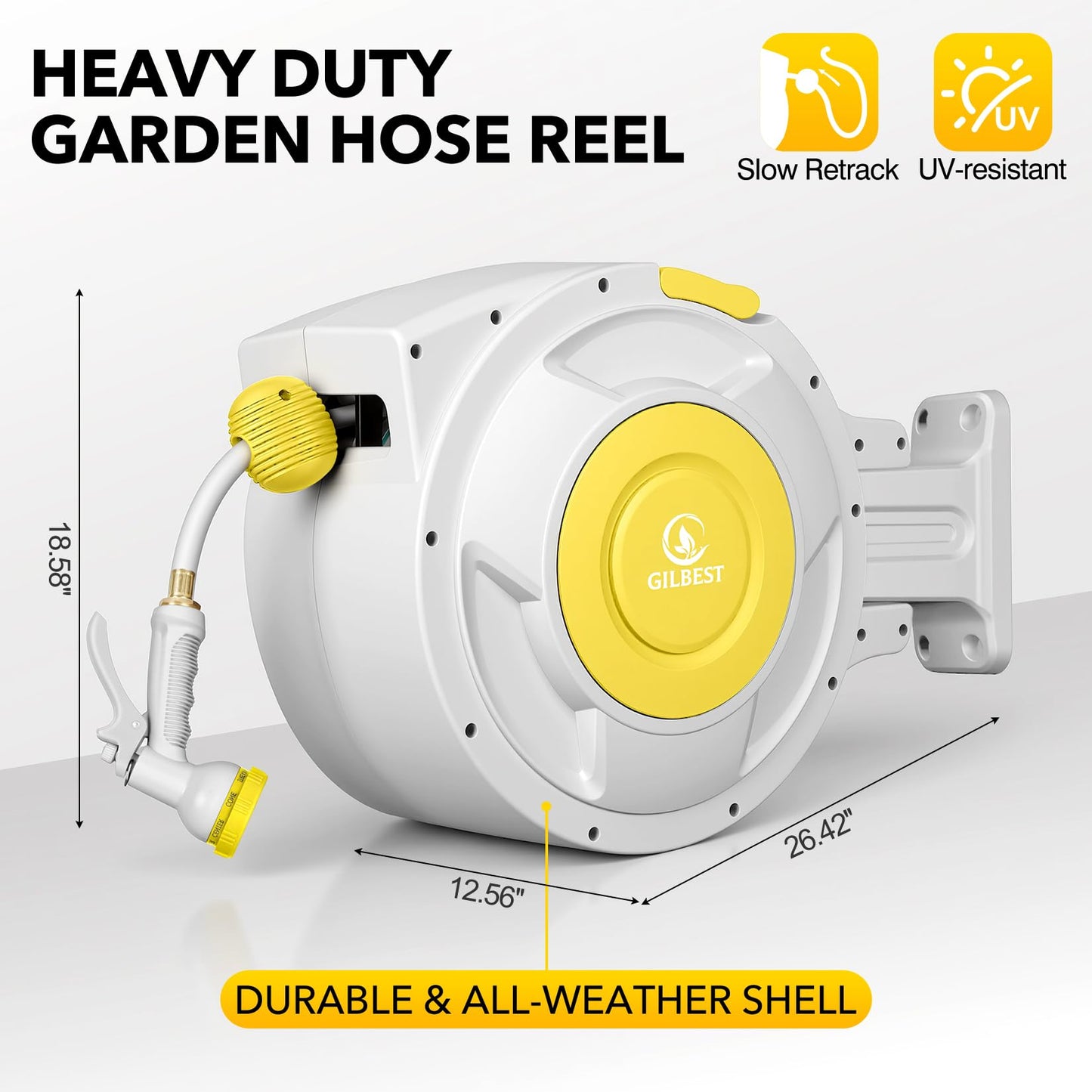 130 ft x 1/2" Retractable Garden Hose Reel, Heavy Duty Water Hose Reel Wall Mounted, Any Length Lock, 180°Swivel, Water Hose with 8-Function Nozzle for Cleaning, Watering (Yellow)