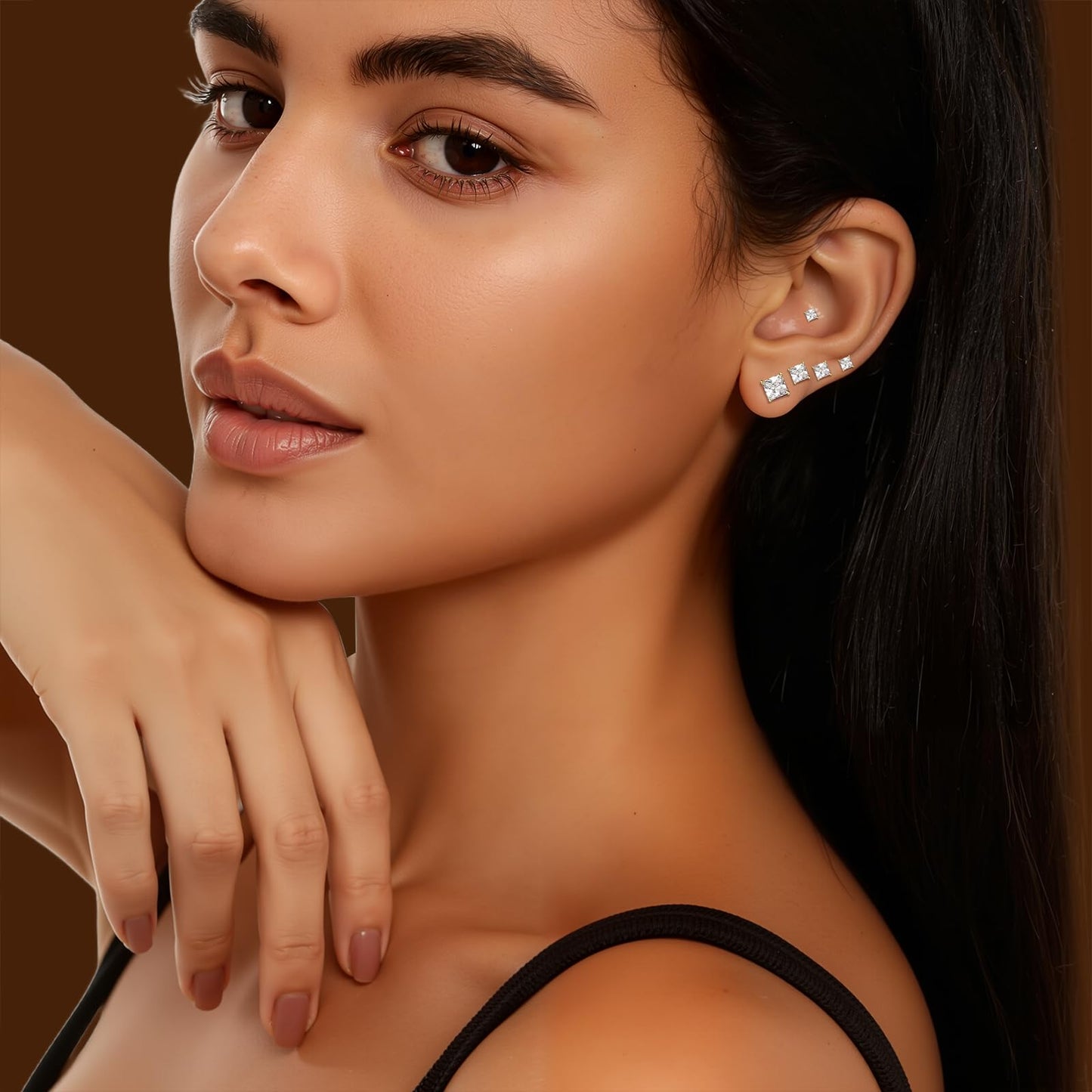 Gemsme 5 Pairs Princess Cut Cubic Zirconia Stud Earrings for Women/Men - 18K Gold Plated Hypoallergenic 3-7mm Square Clear CZ Earring Set