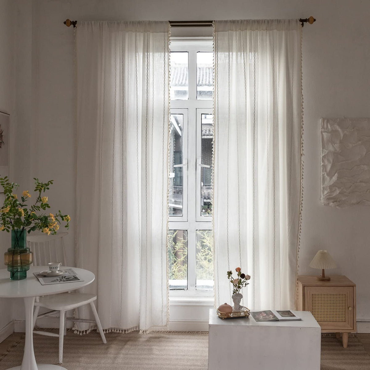 BCLBUSTE Boho Curtains - Embroidery Linen and Cotton 63 Inch Length 2 Pannels for Living Room, Cream Off White Light Filtering Farmhouse Curtains with Rod Pocket Draperies 52" W x 63" L
