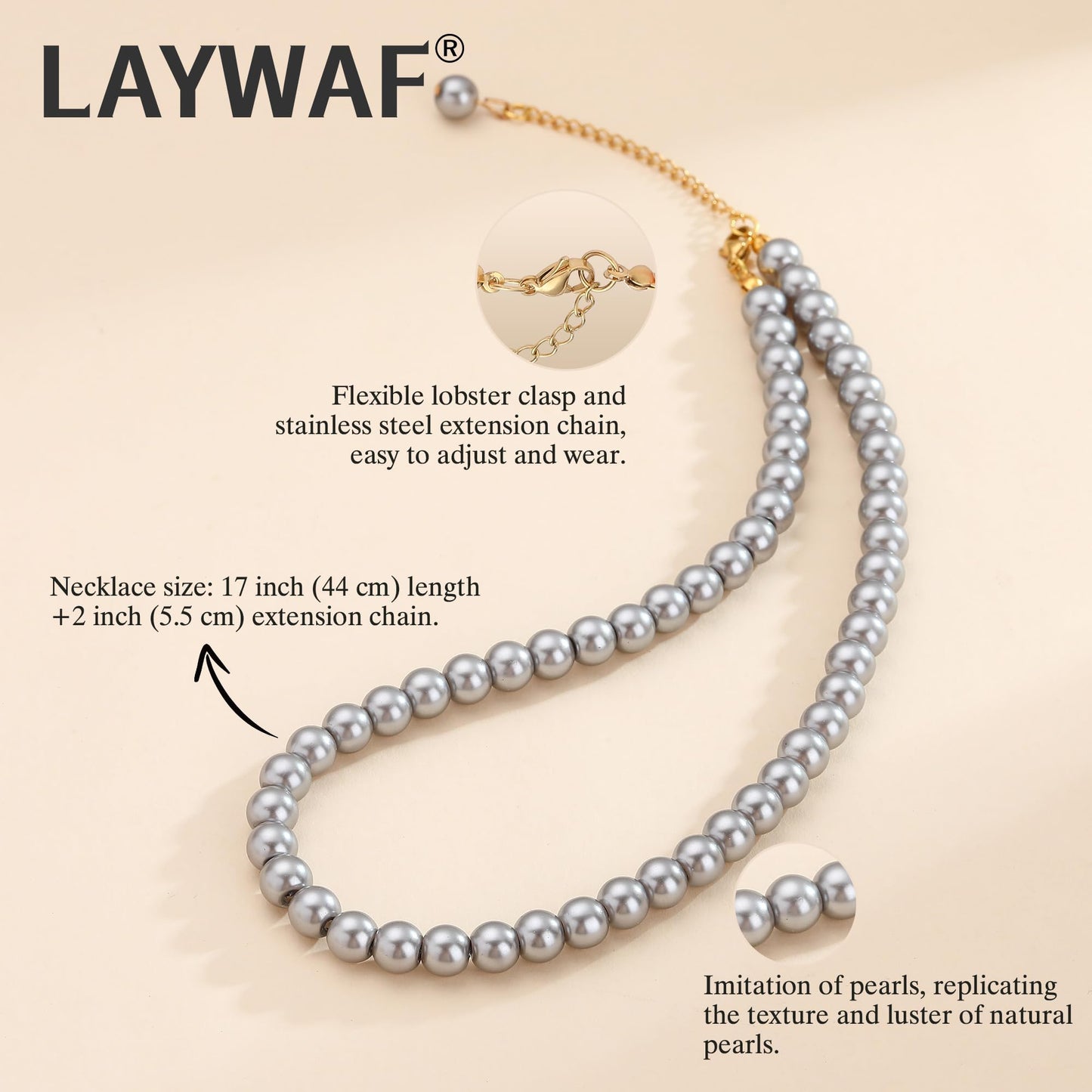 LAYWAF Navajo Imitation Pearl Necklace for Women Mom, Grey Fake Pearl Choker Necklace, 8MM Beaded Necklace, Simple Dainty Faux Pearls Jewelry, Costume Pearl Accessories