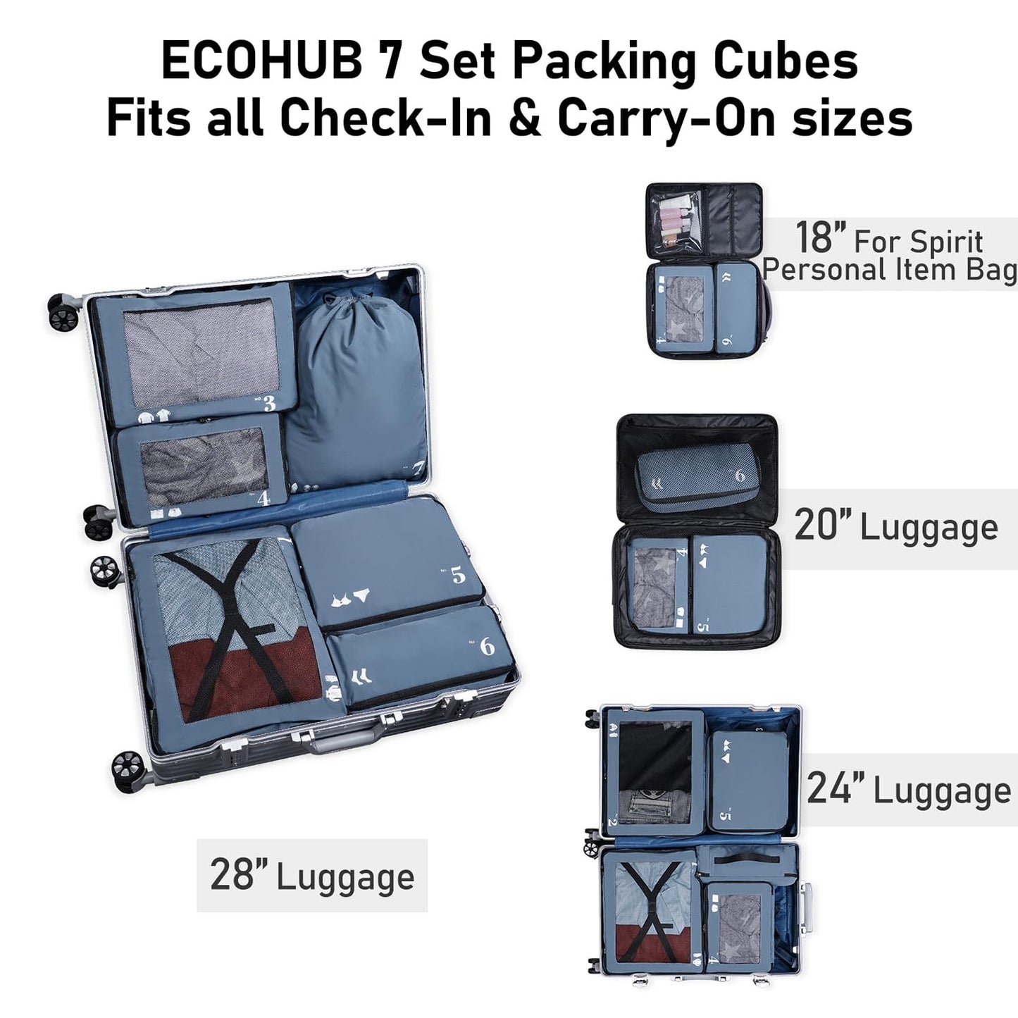 ECOHUB Hardside Expandable Carry On Luggage 2 Set and Packing Cubes 7 Set Tear-Resistant Packing Cubes
