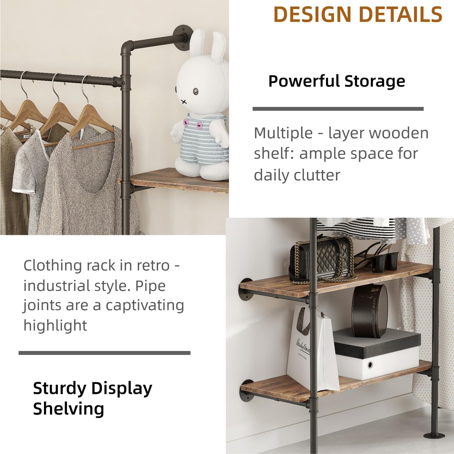 DABILONGC Industrial Pipe Clothing Rack, Heavy Duty Adjustable Garment Hanger with Shelves, 2 Installation Methods Closet Storage System for Wardrobe Organization (Black, 80" H x 55" W)