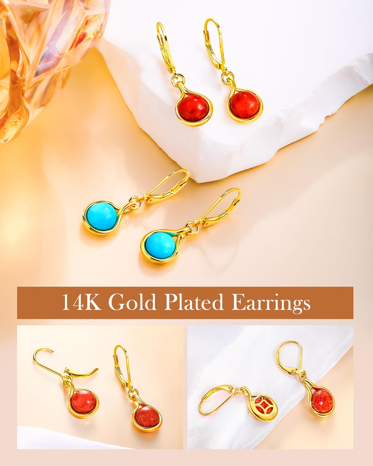 AIBAO Red Coral Earrings for Women Round Cut Red Gemstone Leverback Earrings Western Boho Jewelry Sterling Silver Coral Dangle Earrings