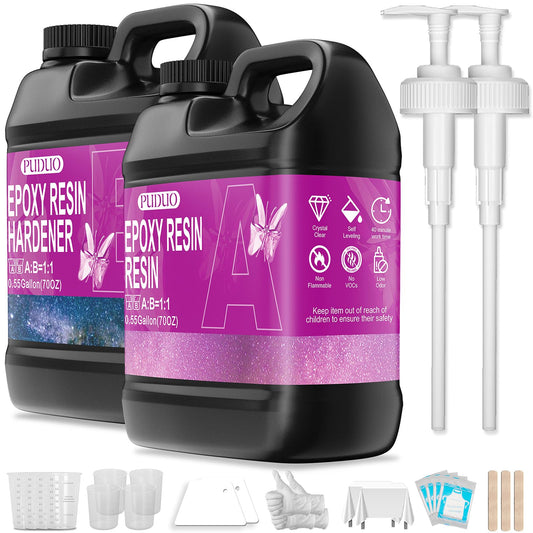 Epoxy Resin Crystal Clear Kit for Art, Jewelry, Crafts, Coating- 16 OZ Including 8OZ Resin and 8OZ Hardener | Bonus 4 pcs Measuring Cups, 3pcs Sticks, 1 Pair Rubber Gloves by Puduo