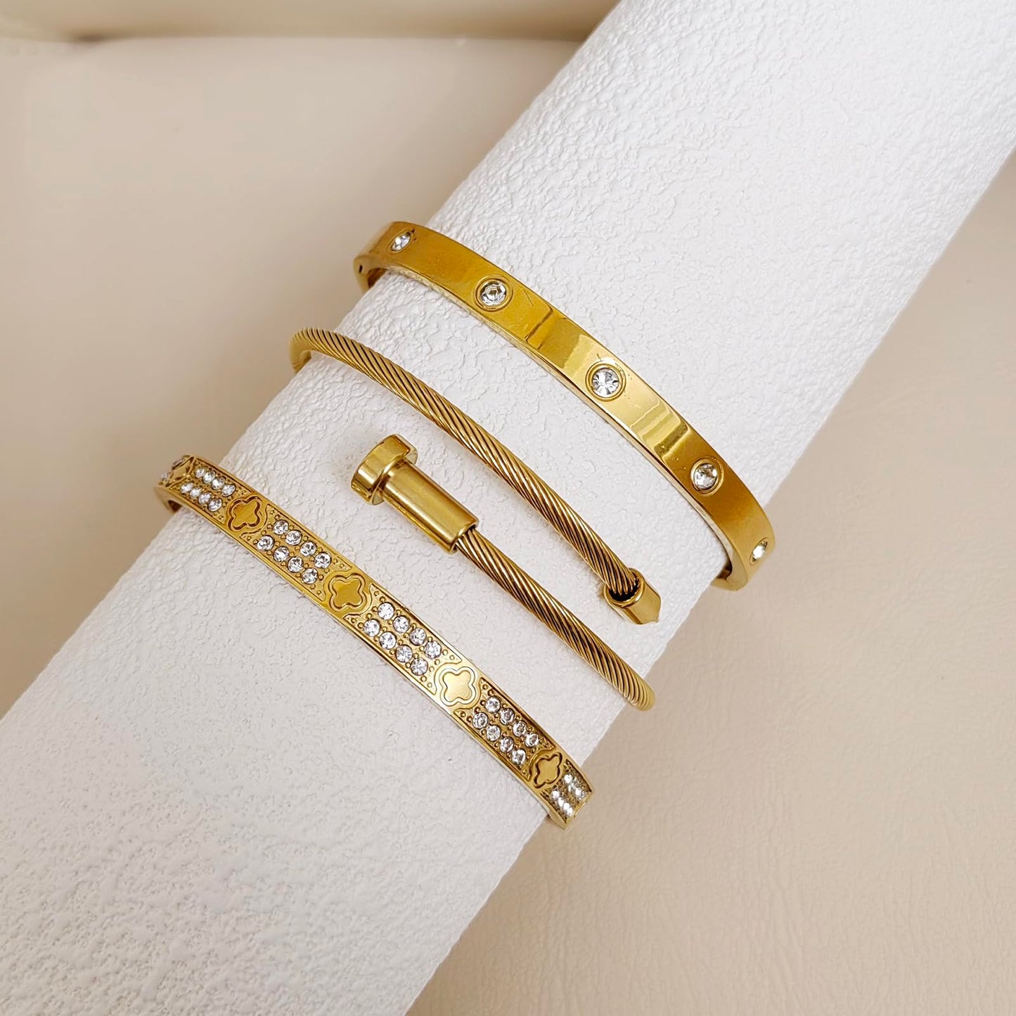 18K Gold Plated Nail Bracelets Set for Women Clovers Bangle Love Bangle Cubic Zirconia Bracelet 3Pcs Stackable Bracelet Set Trendy Gifts for Women