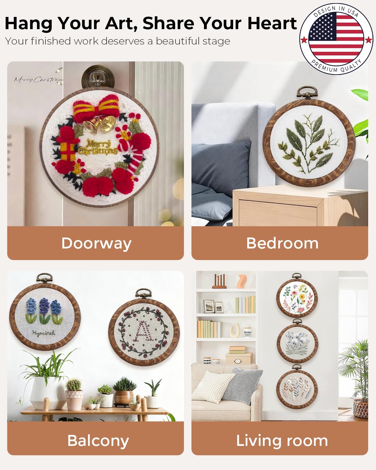 24 PCS 5Inch Round Embroidery Hoop Ring, Imitated Wood Cross Stitch Display Frame,Rubber Material Embroidery Hoop Kits for DIY Craft Sewing Hanging Gifts Christmas Halloween Ornament