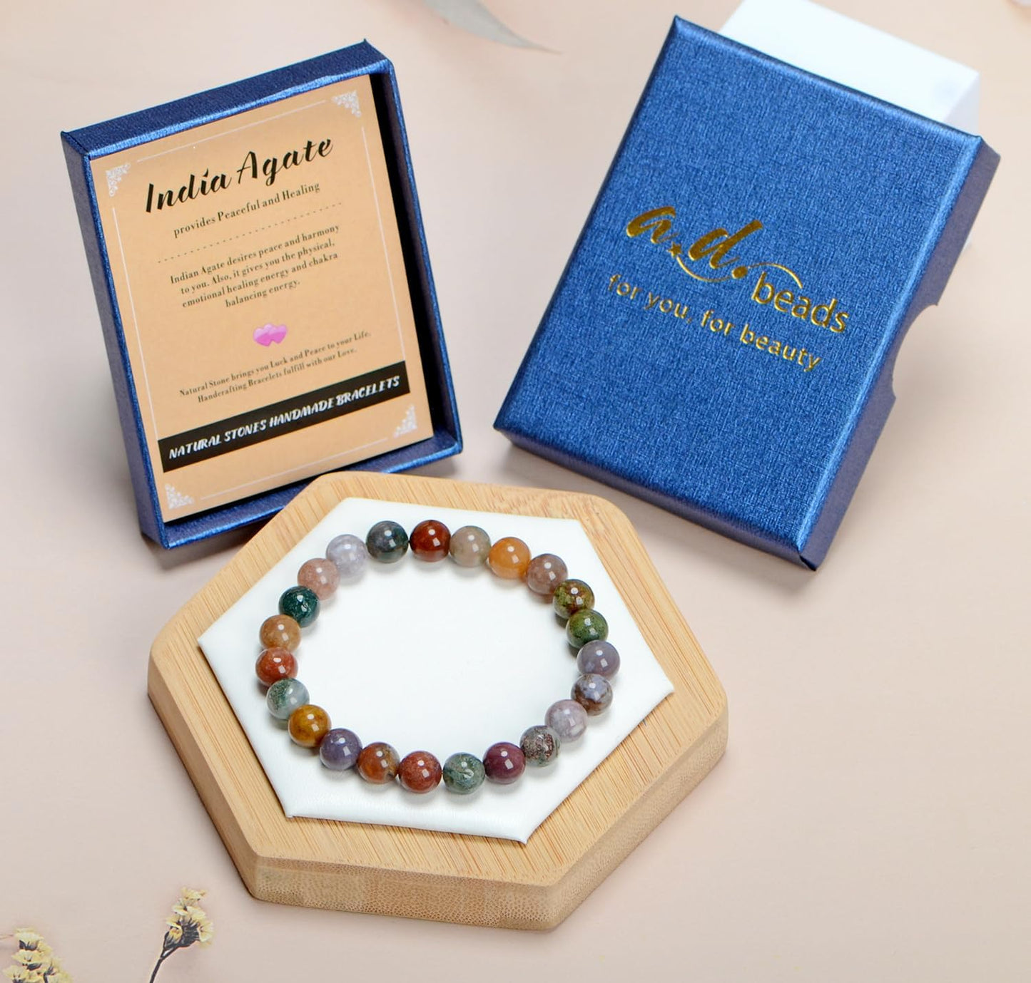 AD Beads Handmade Gemstone Stretch Elastic Bracelet Crystal Healing Reiki Nature's Beauty and Spiritual Essence Unisex (12mm, Indian Agate)