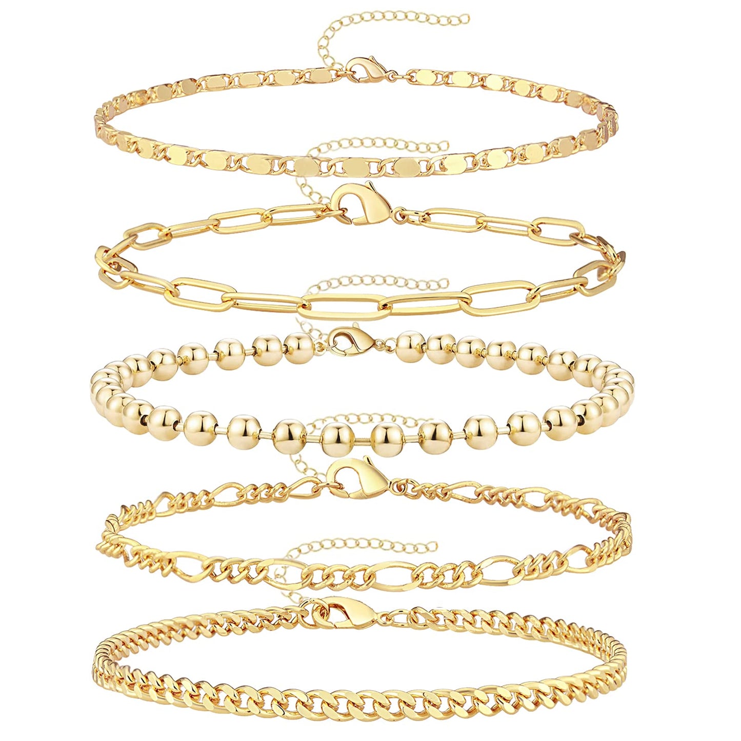 Gokeey Dainty 14K Real Gold Plated Bracelets Set for Women，Stackable Beaded Cuban Chain Link Layered Gold Bracelet for Women Trendy Gold Jewelry 5pcs