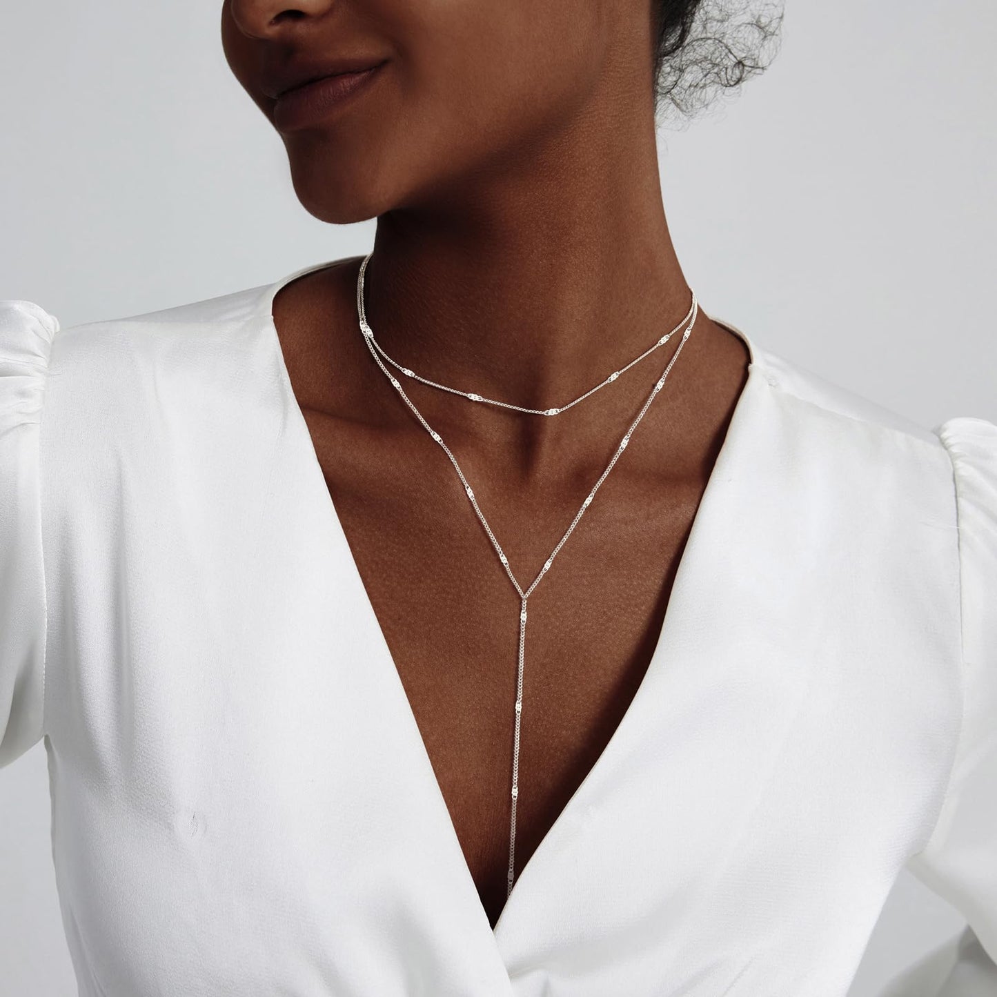 HERIER Silver Layered Necklace for Women Dainty Silver Plated Long Necklace Y-Shaped Drop Chain Necklaces Trendy Simple Jewelry for Women Gifts