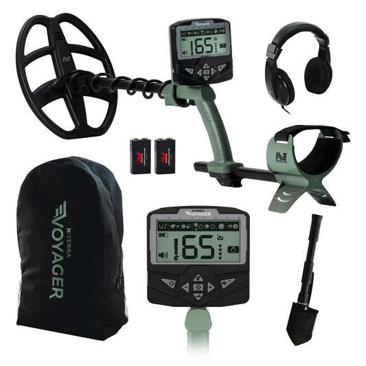 MINELAB X-Terra Voyager All-Terrain Professional Pinpointing Metal Detector for Adults, 4 Detect Modes, Clear Target ID, Backlit Displays, Complete with Waterproof Coil, Headphones, Backpack, Shovel