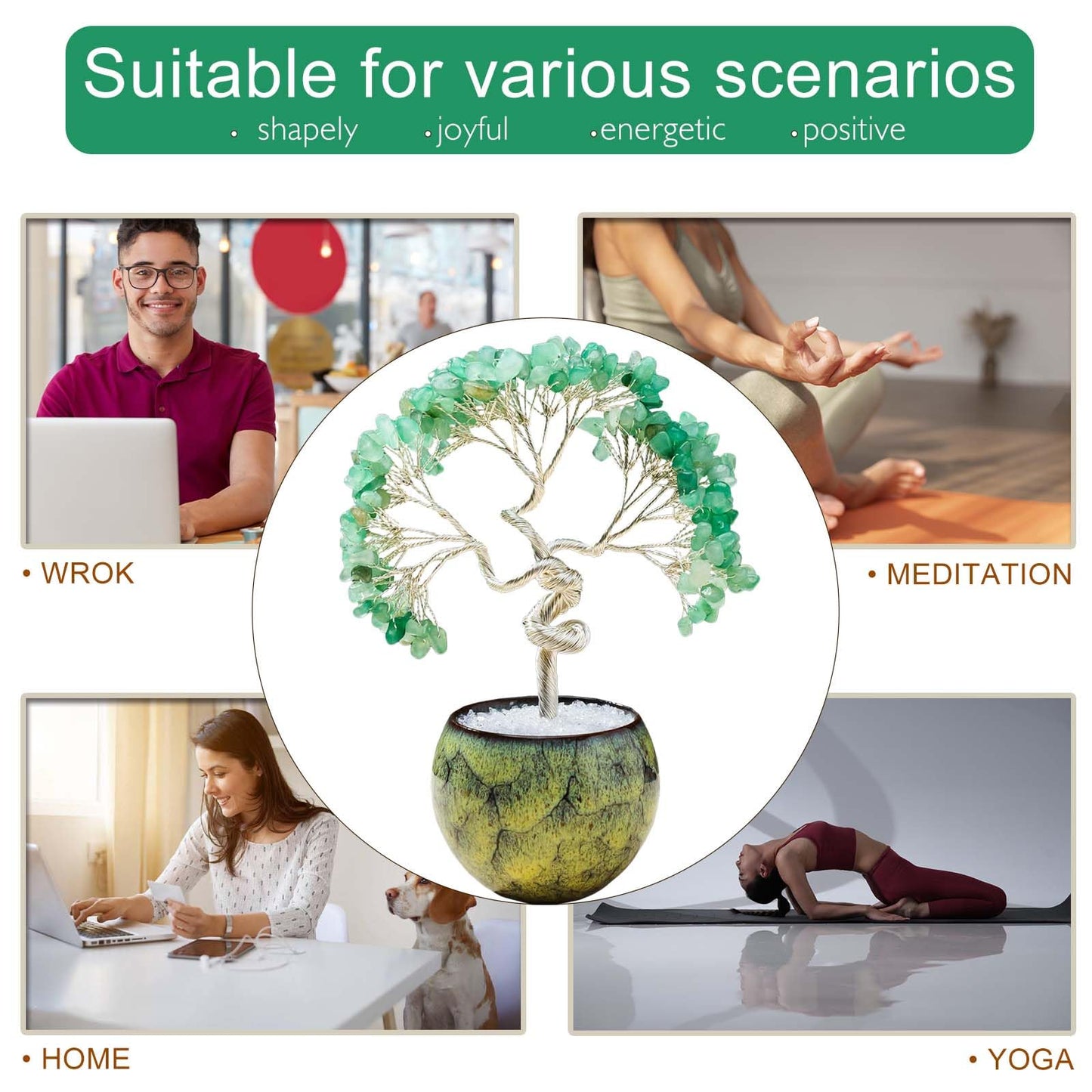 Runyangshi Green Aventurine Crystal Tree of Life - 7in Chakra Crystal Money Tree with 297 Natural Healing Crystal Gemstone for Feng Shui, Luck, Balancing Energy Home Decor & Spiritual Gift