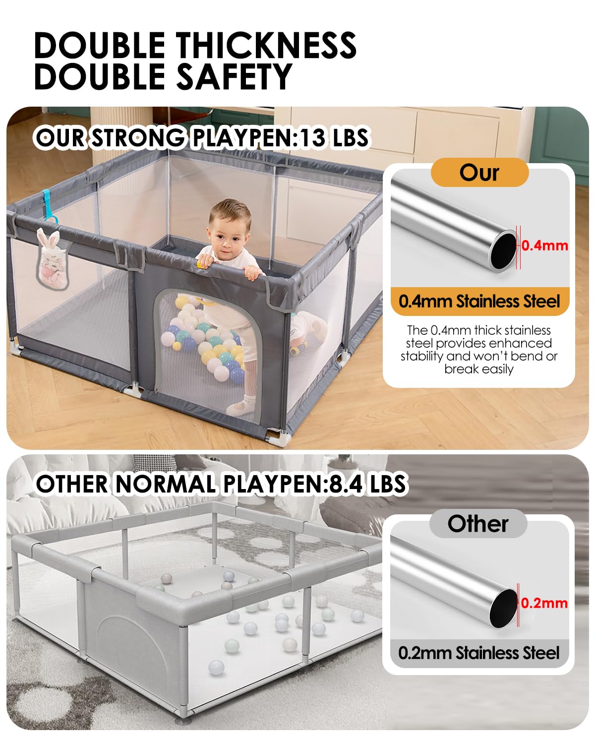 50" x 50" Extra Large Baby Playpen for Babies and Toddlers, Safe with Soft Play Fence, Indoor Safety Yard, Easy to Assemble and Clean (Gray)