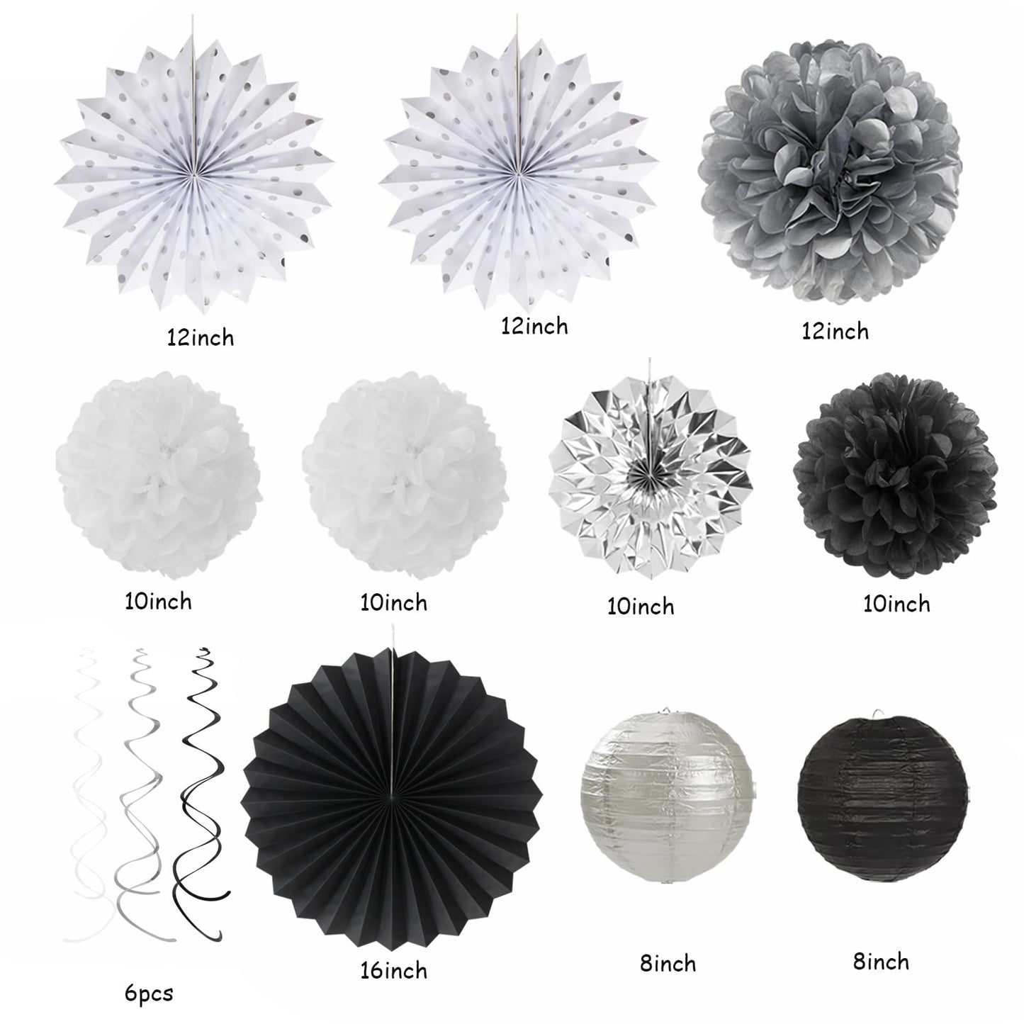 Black White-Silver Party-Decorations - 33pcs Kits Banner,Graduation Streamer Tassel Garland,Tissue Pom Poms Honeycomb,Paper Lantern Fans,Birthday Wedding Baby Bridal Shower New Years Decor Hugtmr