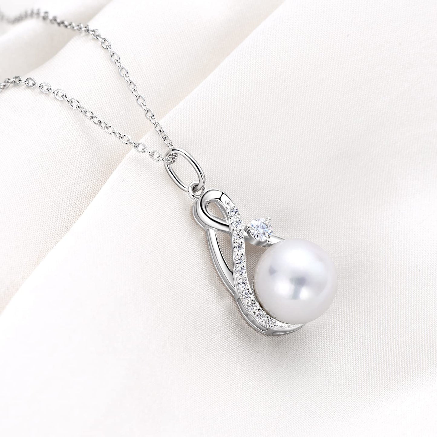 DENGGUANG Freshwater Pearl Pendant Necklace for Women, Infinity Single Pearl Necklace with Moissanite, 925 Sterling Silver Adjustable Chain, Mothers Day Gifts for Mom