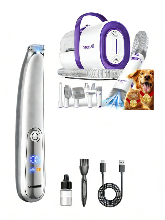 oneisall Dog Grooming Vacuum Purple and 2-Speed Dog Paw Trimmer Silver