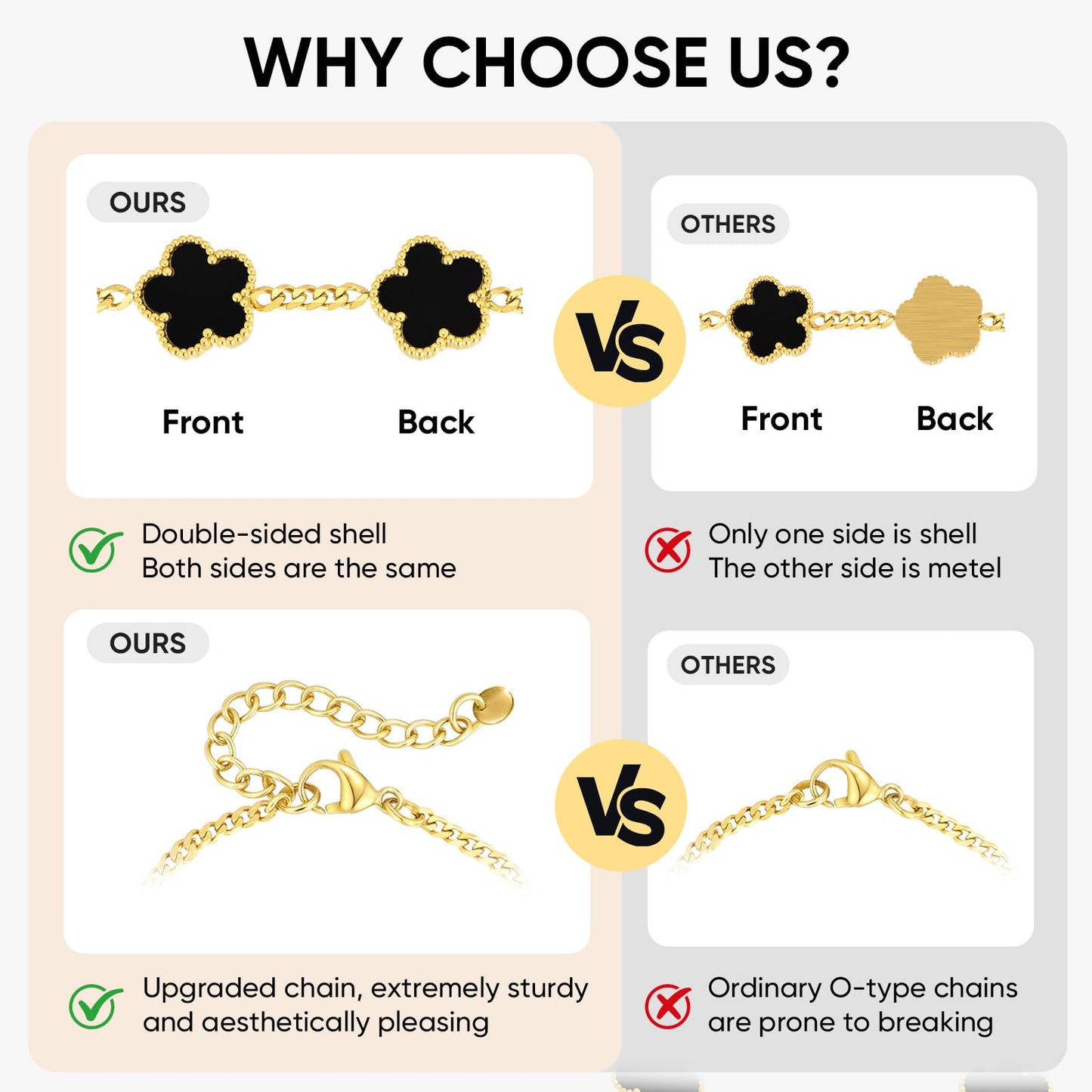VNOX 2 PCS Floral Bracelets for Men Women -Womens Mens Stainless Steel Gold Cuban Chain Link Bracelet Lucky Charm Four Clover Flower Bracelets Trendy Jewelry Gifts，7