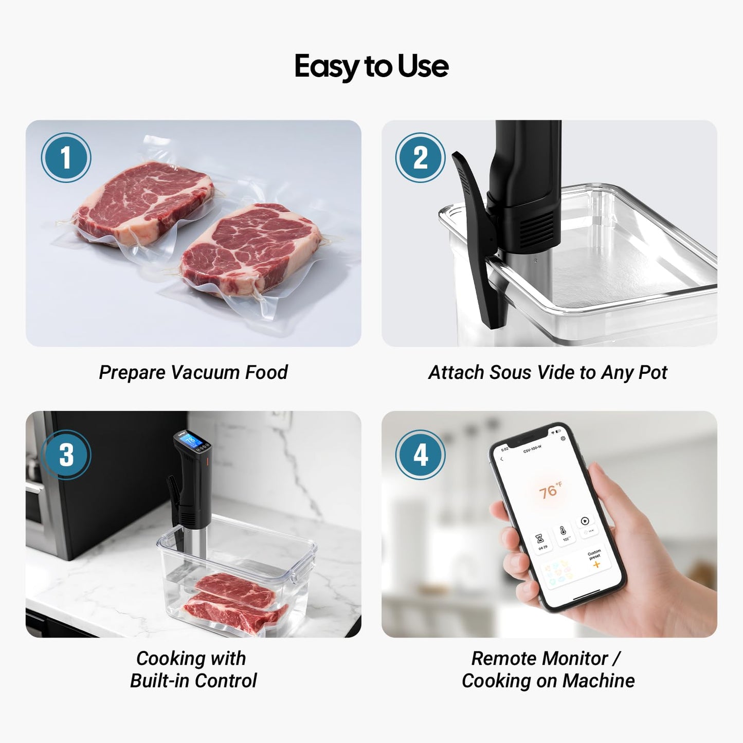 CharMeter Wifi Sous Vide Cooker 1000W, Ultra Quiet Immersion Circulator with Water Level Alarm, App Control with 14 Preset Recipes, Calibration & Timer Function,Fast/Stable Heating with Shared Control