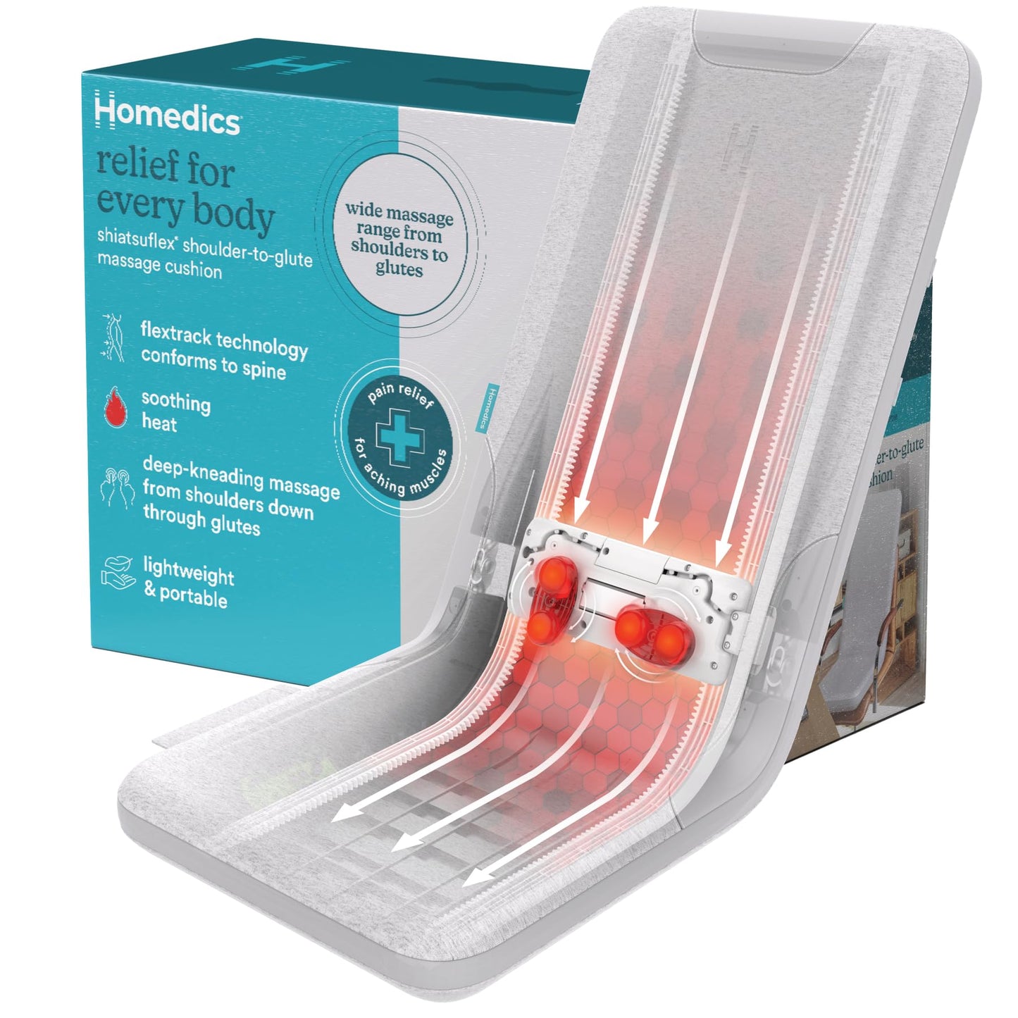 Homedics ShiatsuFlex Massage Cushion, Advanced Shiatsu Therapy, FlexTrack Technology, Deep-Kneading for Pain Relief in Back, Shoulders & Leg Muscles, Soothing Heat, Lightweight & Portable