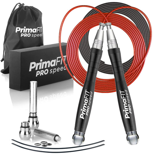 PrimaFIT Jump Rope Pro Speed Skipping Rope Adjustable Adult Jumping Rope Weighted Aluminium Handles for Double Dutch Boxing Workout Crossfit Exercise Fitness Spare Cable Weights Protectors Carry Bag