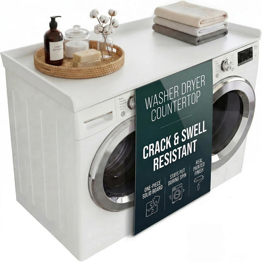 NORTH BLOOM Premium Washer Dryer Countertop 54" W x 27.5" D x 3.1" H, One Piece Solid Board Laundry Room Topper with Edge Rails, Washing Machine Top, Painted Finish, Anti-Slip Feet (White Color)