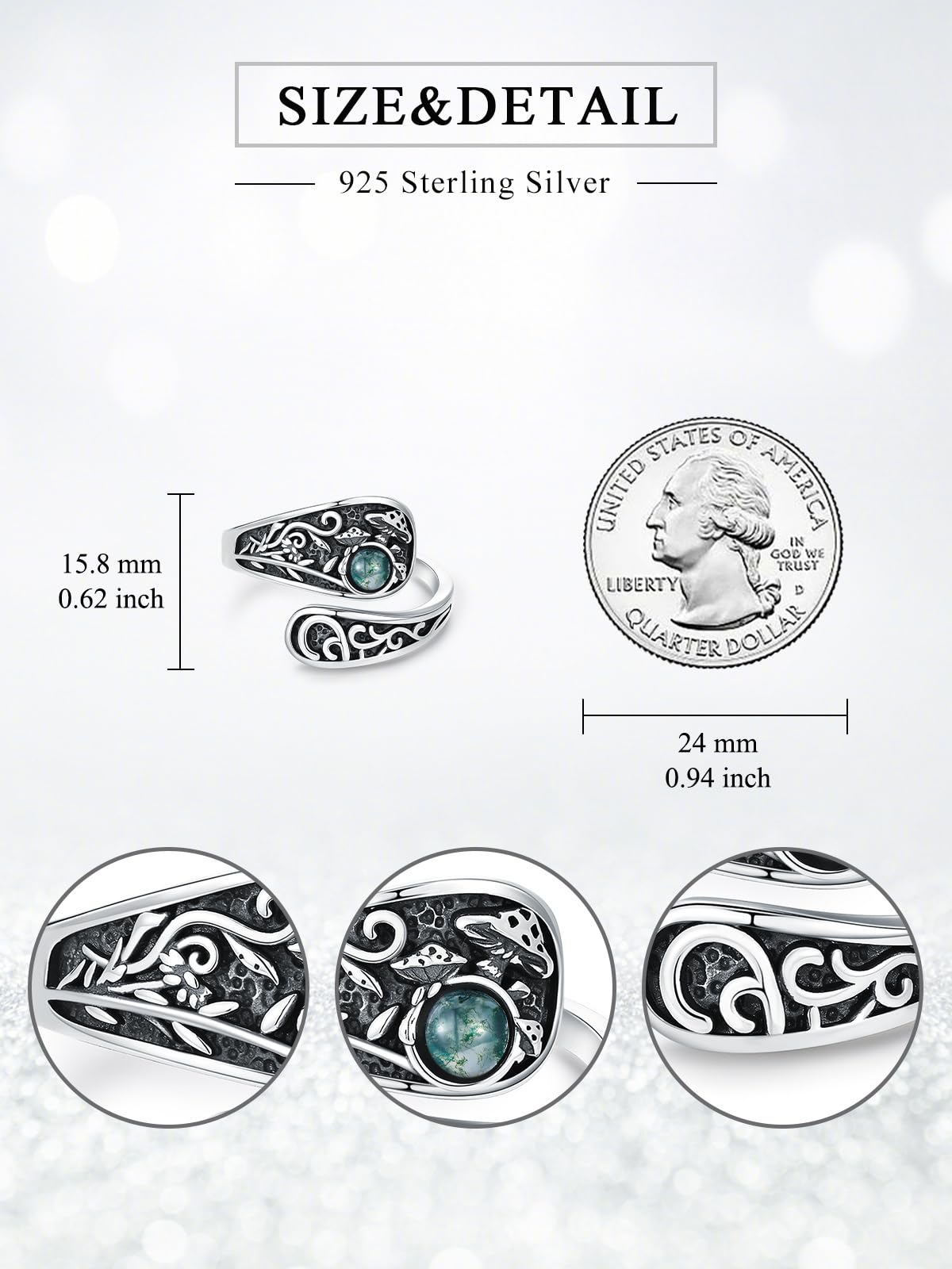 Midari Mushroom Spoon Ring 925 Sterling Silver Moss Agate Rings for Women Vintage Adjustable Thumb Rings Mushroom Ring Jewelry Gifts for Women Birthday Christmas Gifts