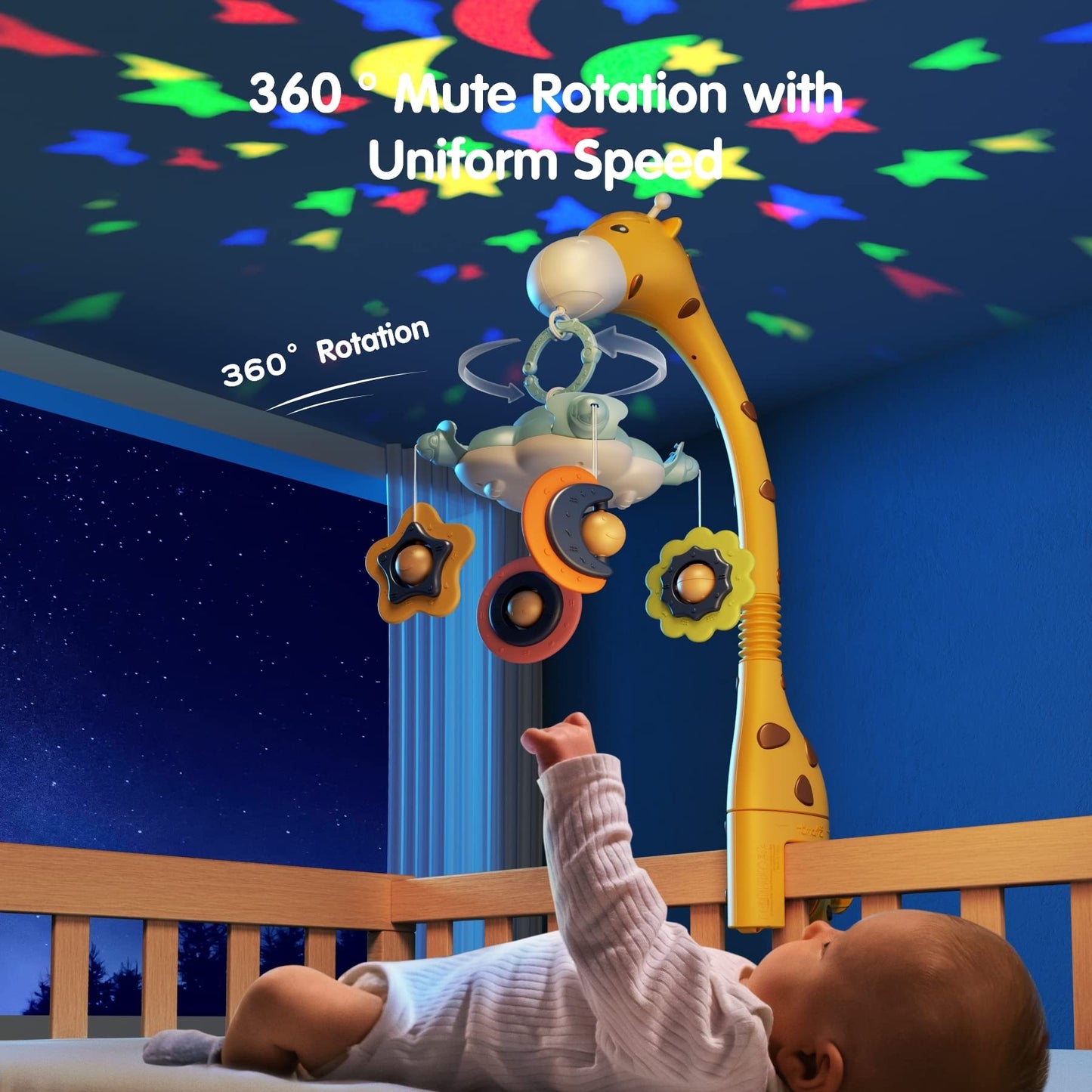 TUMAMA Baby Crib Mobile,3 in 1 Crib Toys with Remote Control,Projection Night Light, Music and White Noise, Mute Spin Motor Nursery Sensory Toys for Infant 0 3 6 9 Month Newborn Xmas Gift