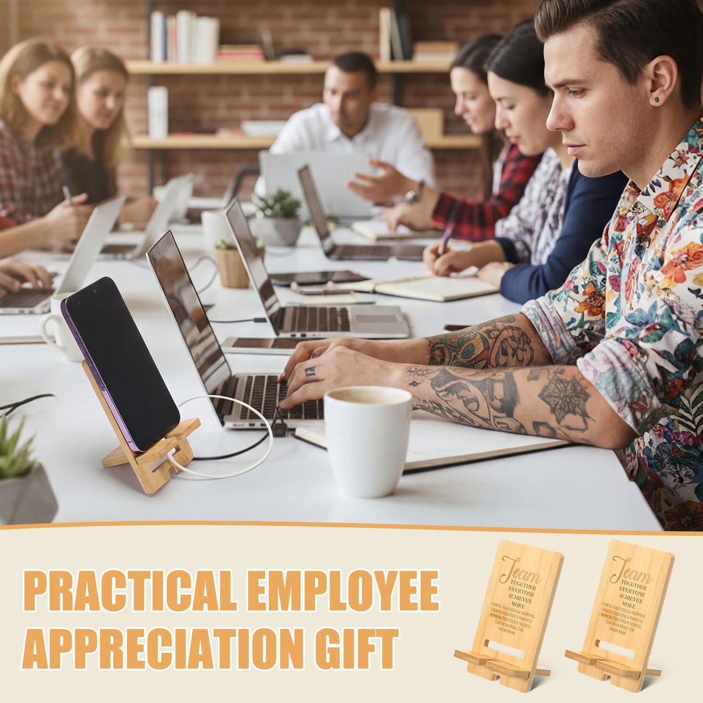Ripeng 10 Pcs Employee Appreciation Gifts Bulk Bamboo Phone Stand for Desk Office Workers Inspiration Thank You Gift for Team Coworkers Staff Volunteer Nurse Teacher Colleagues Gratitude (Team)